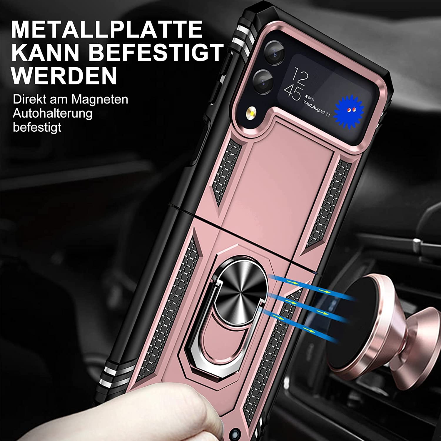 【CSmart】 Anti-Drop Hybrid Magnetic Hard Kickstand Case Cover with Ring Holder for Samsung Galaxy Z Flip 4 5G 2022, Rose Gold