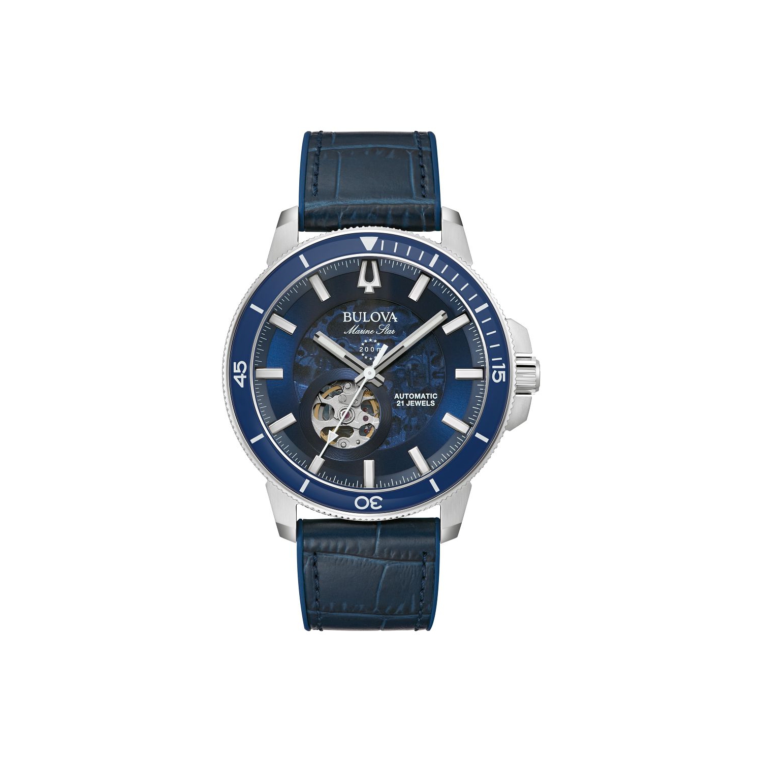 Bulova Mens Marine Star Automatic Watch 45mm Silver-Tone Stainless Steel Case Blue Leather and Silicone Strap with Blue Dial