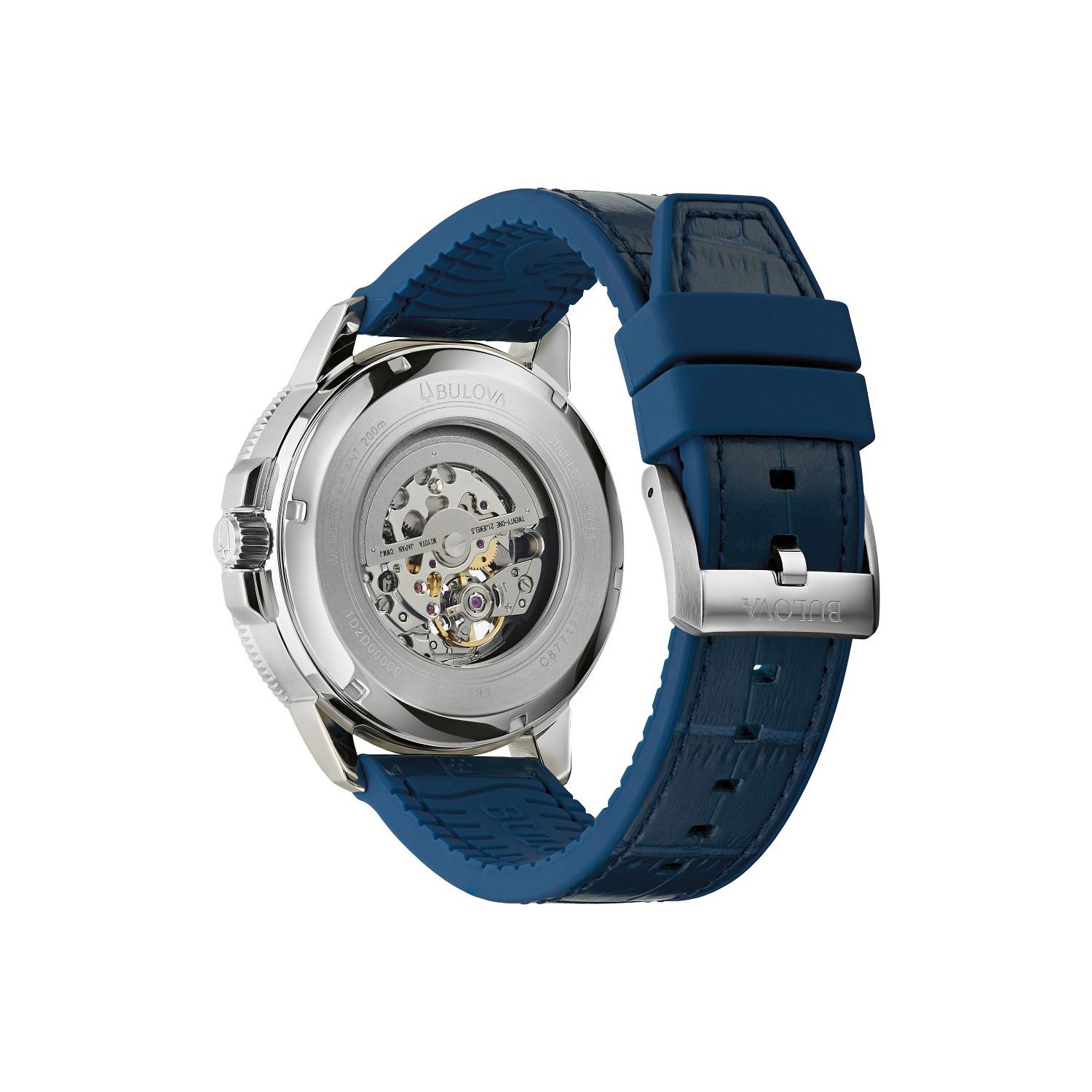 Bulova Mens Marine Star Automatic Watch 45mm Silver-Tone Stainless Steel Case Blue Leather and Silicone Strap with Blue Dial