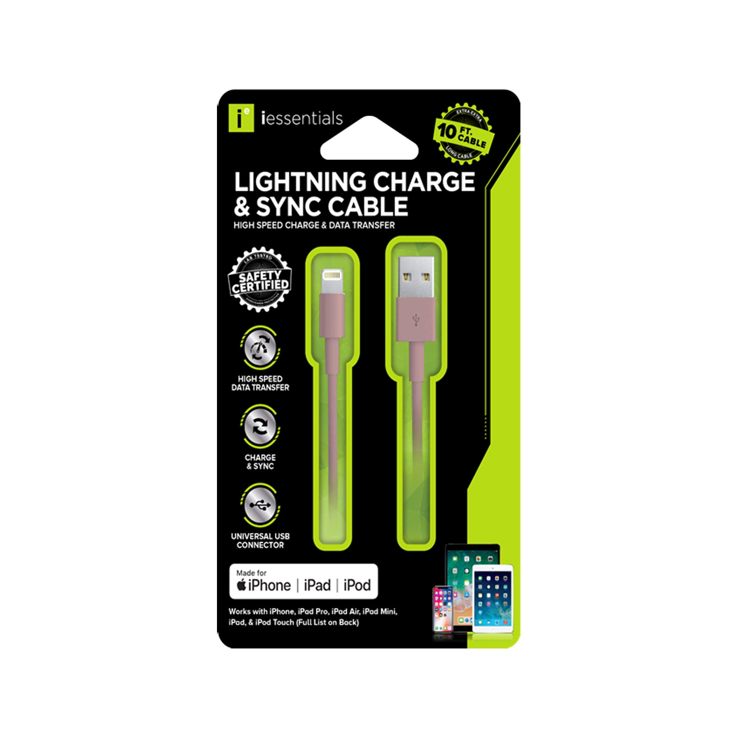 iEssentials Charge & Sync Cable Lightning MFI 10ft - Rose Gold