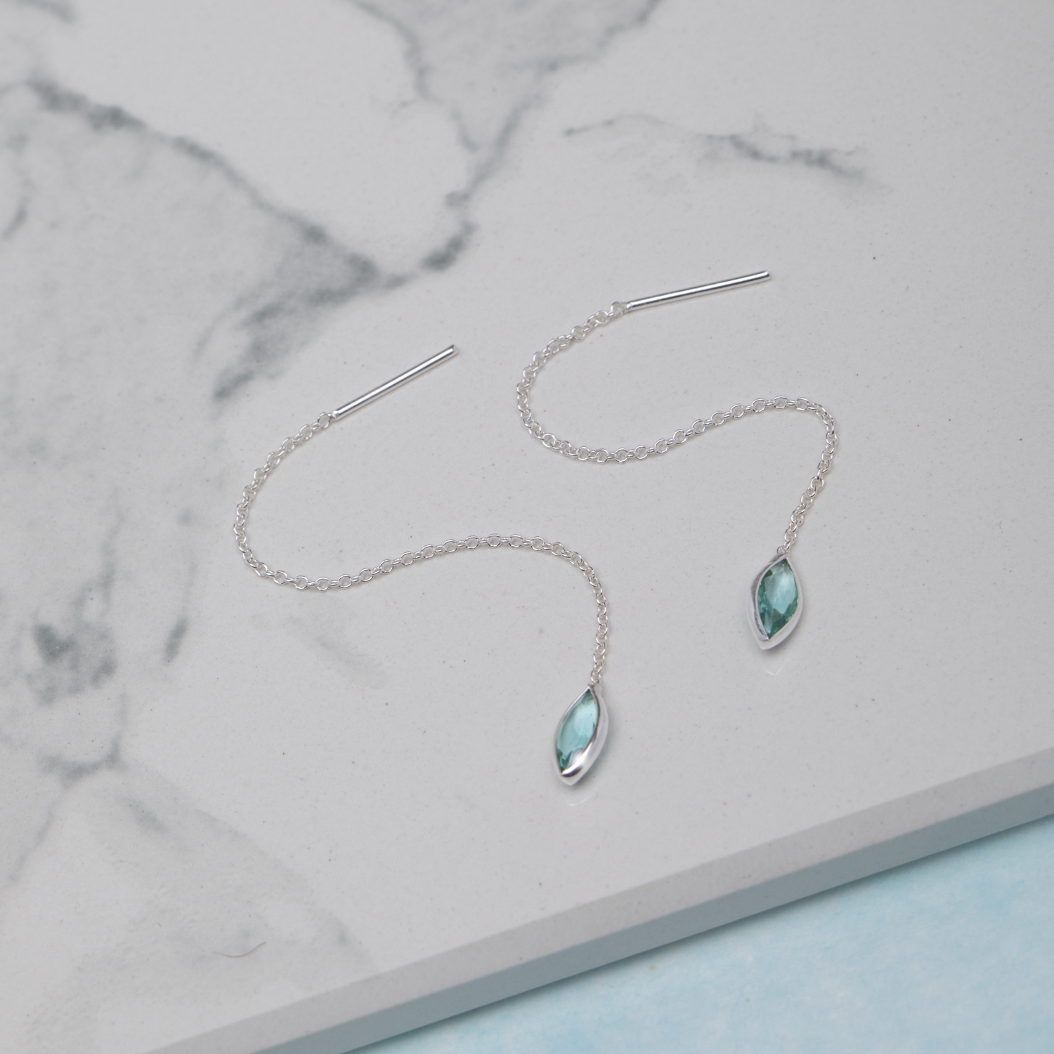 Ag Sterling - Sterling Silver Aqua CZ Marquis Threader Earrings