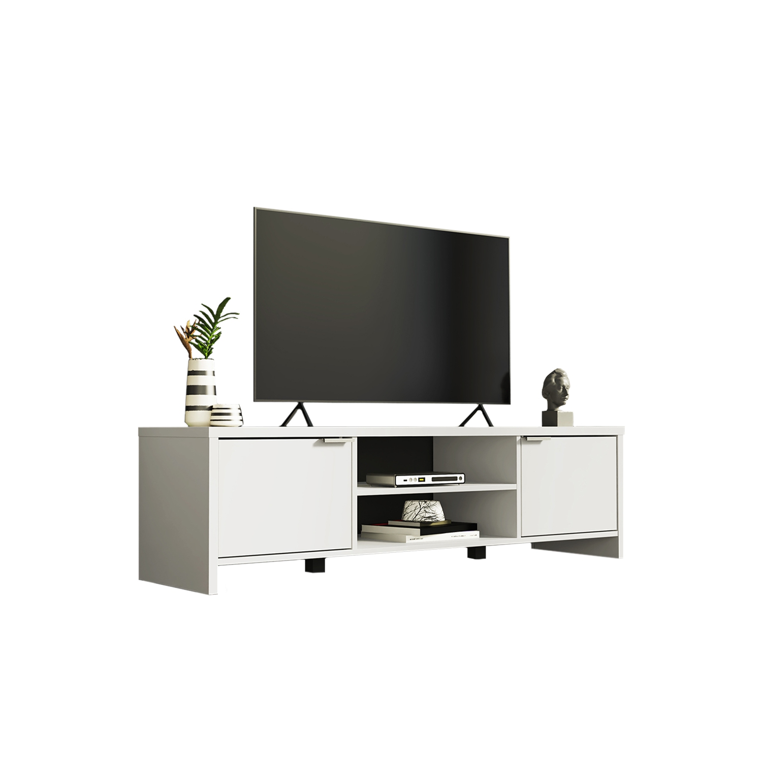 MADESA TV Stand with Storage Space and Cable Management, for TVs up to 65 Inches, Wood, 16” H x 15" D x 57” L - White