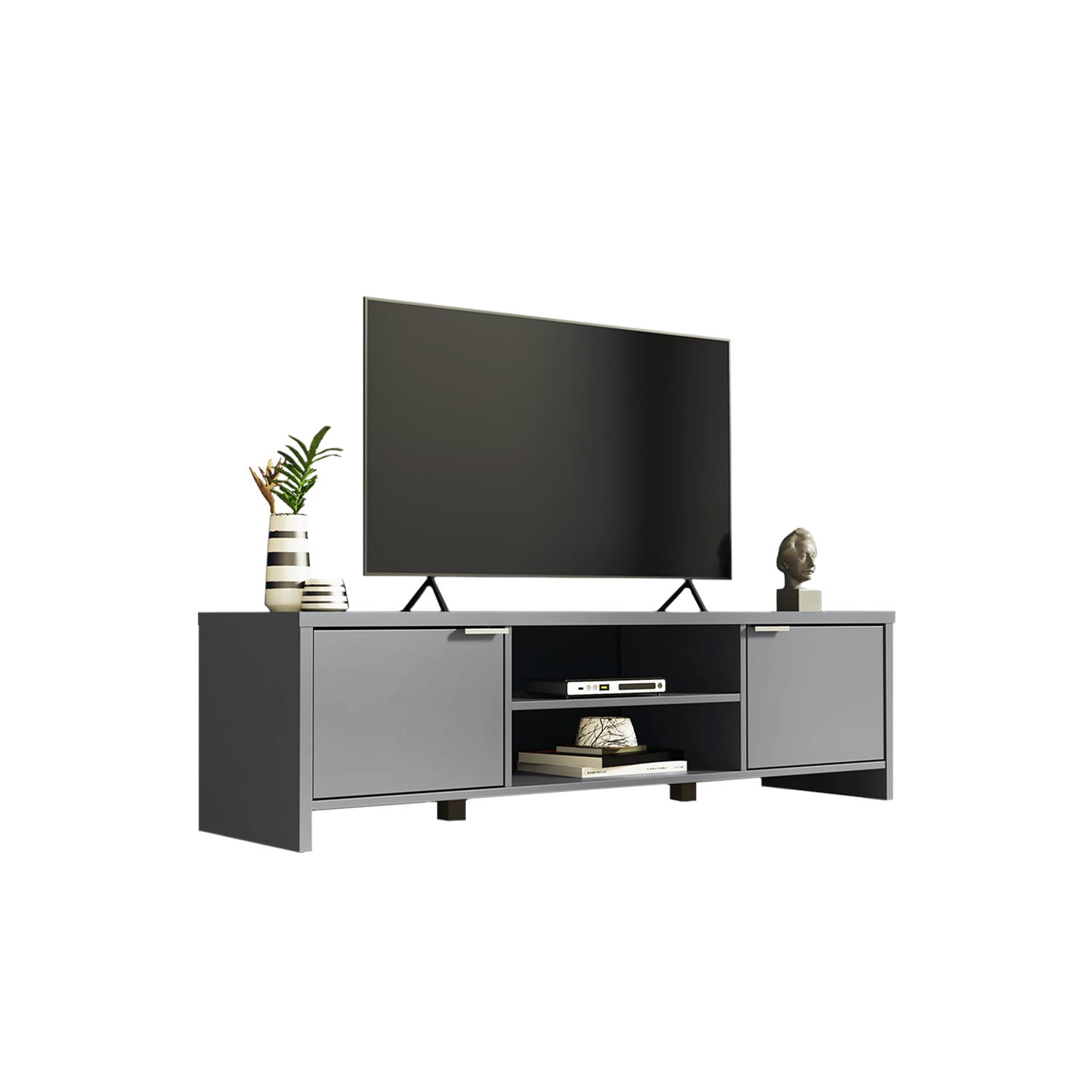 MADESA TV Stand with Storage Space and Cable Management, for TVs up to 65 Inches, Wood, 16” H x 15" D x 57” L - Textured Grey