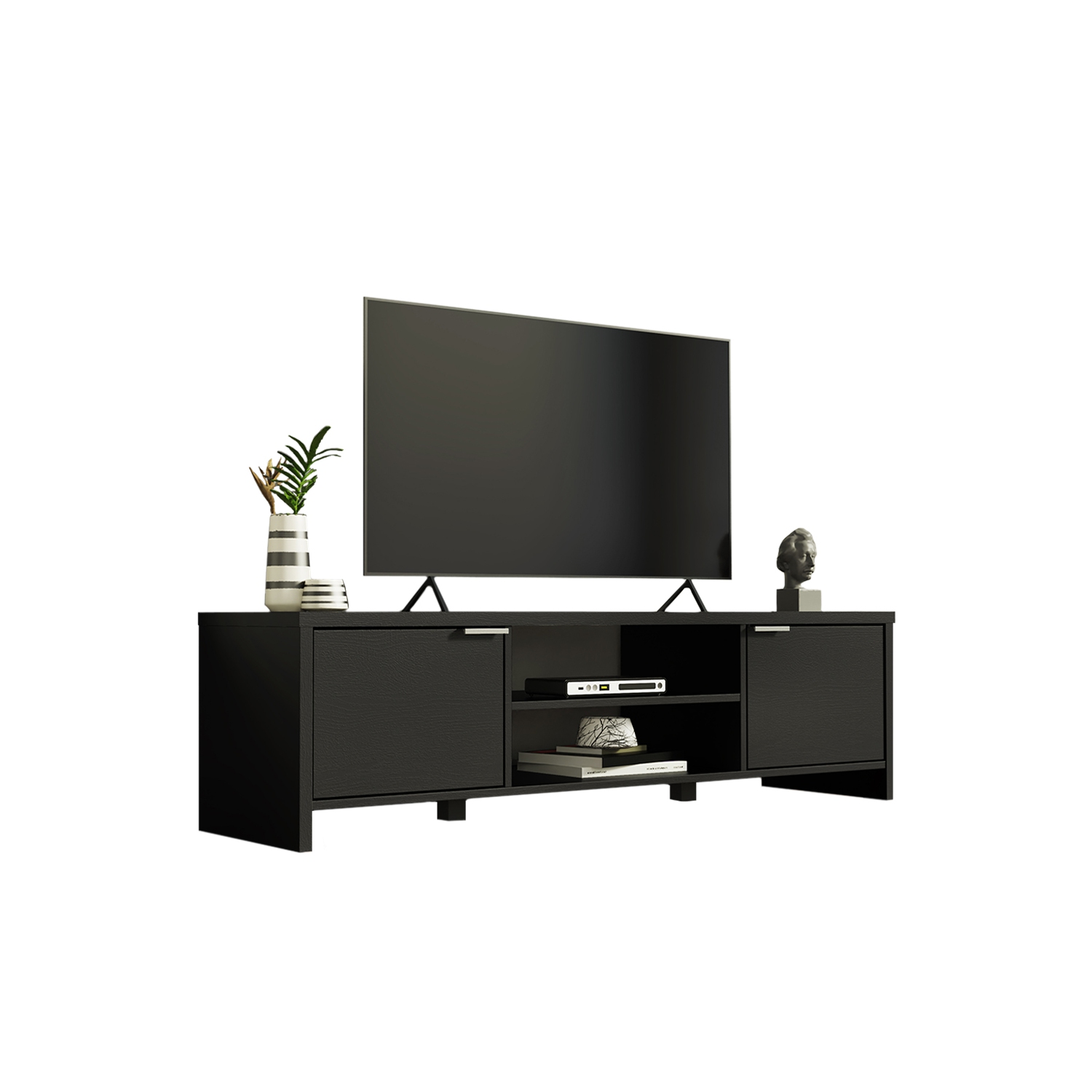 MADESA TV Stand with Storage Space and Cable Management, for TVs up to 65 Inches, Wood, 16” H x 15" D x 57” L - Black