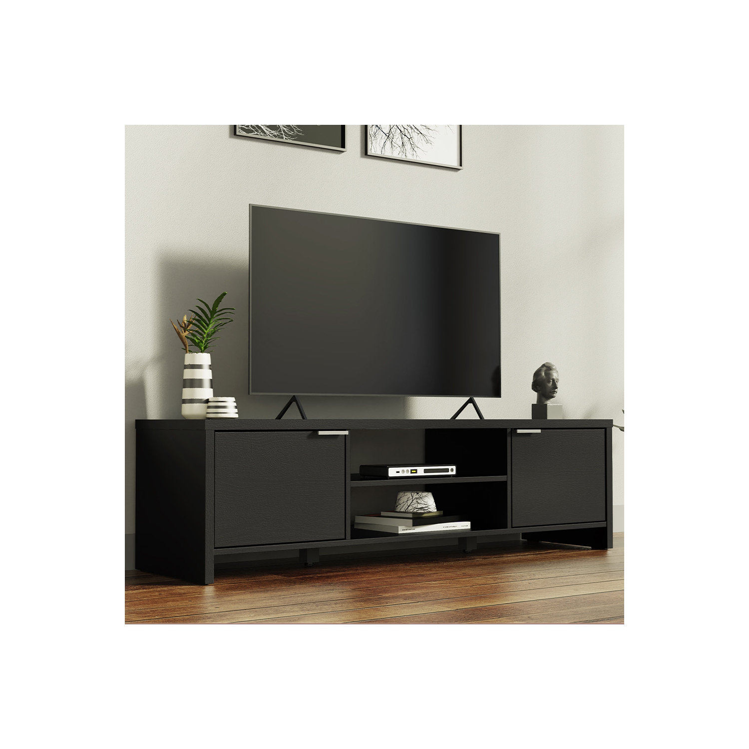 Meuble pour téléviseur MADESA avec espace de rangement et gestion des câbles, pour téléviseurs de 65 po et moins, bois, 16 po H x 15 po P x 57 po L -