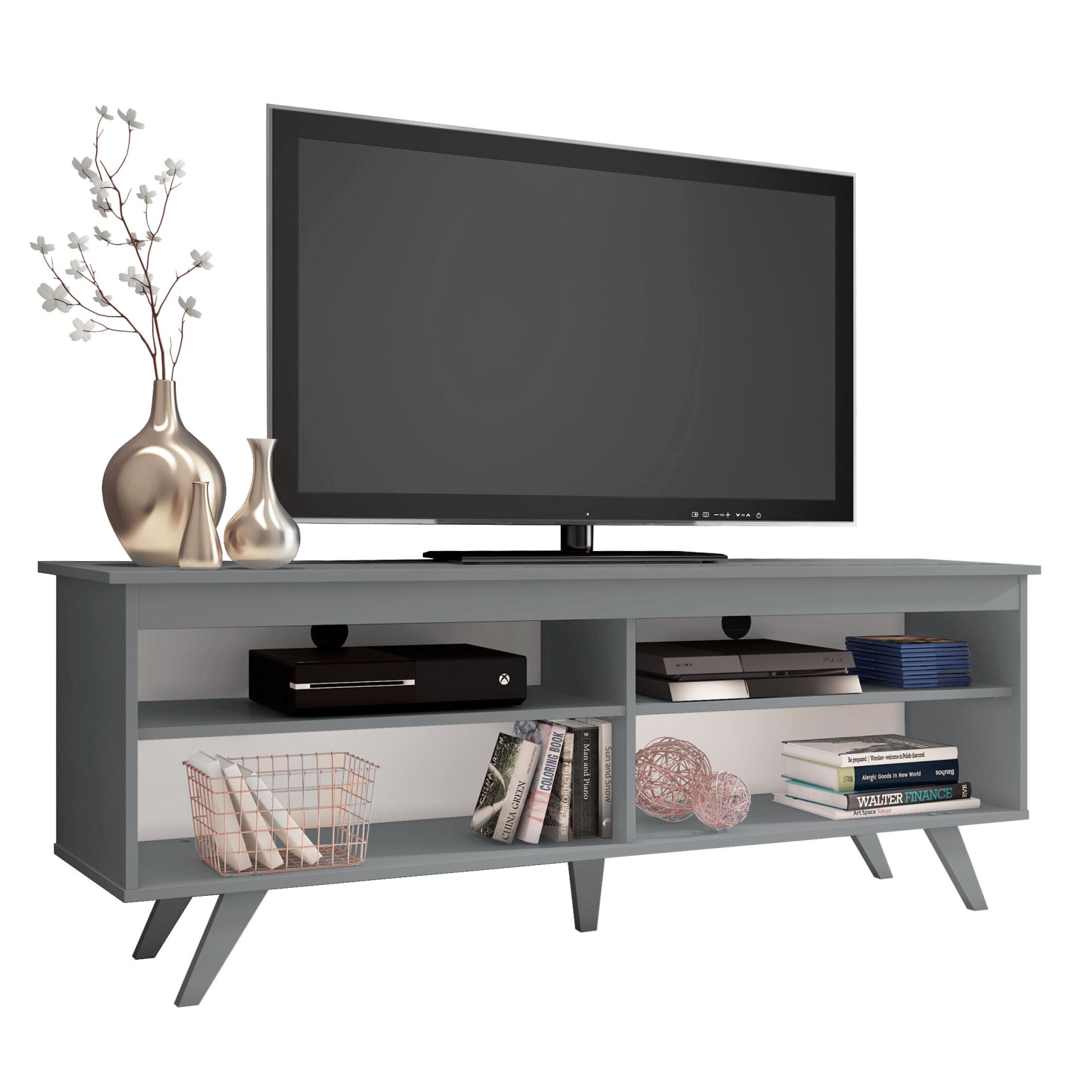 Madesa TV Stand Entertainment Center with 4 Shelves and Cable Management for 55, 65 Inch TV Media Storage Gaming Media Console - Grey