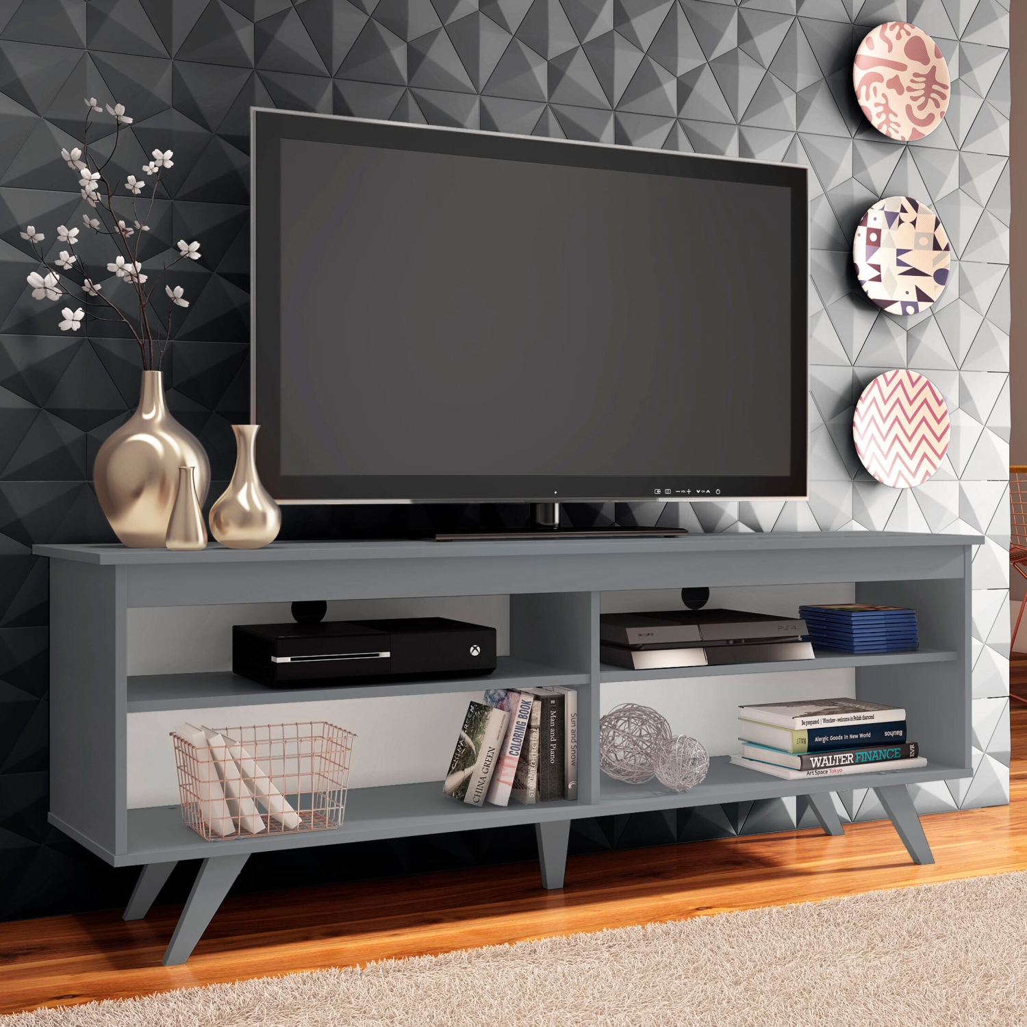 Madesa TV Stand Entertainment Center with 4 Shelves and Cable Management for 55, 65 Inch TV Media Storage Gaming Media Console - Grey