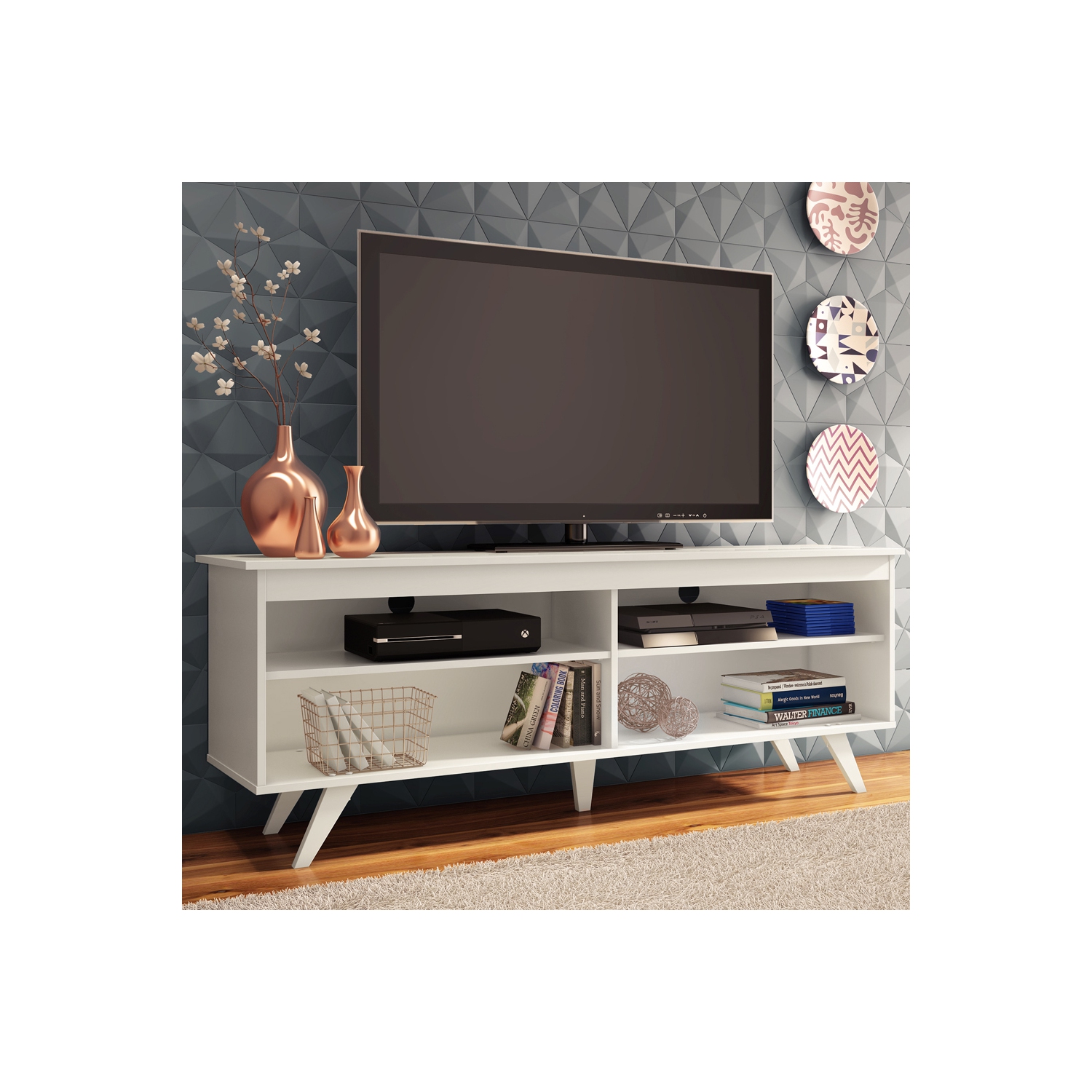 Meuble de divertissement Madesa pour téléviseur avec 4 tablettes et système d'organisation des câbles pour console multimédia de jeu de 55, 65 po -