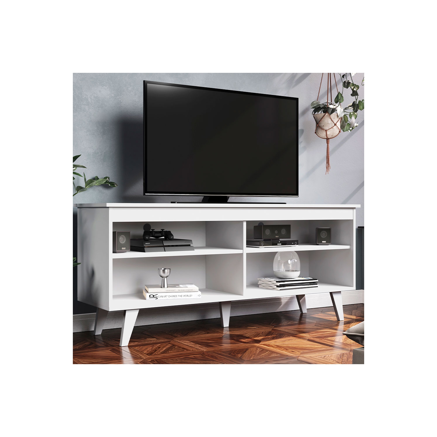 Madesa TV Stand Entertainment Center with 4 Shelves and Cable Management for 50, 55 Inch Media Storage Living Room and Bedroom Modern Wooden