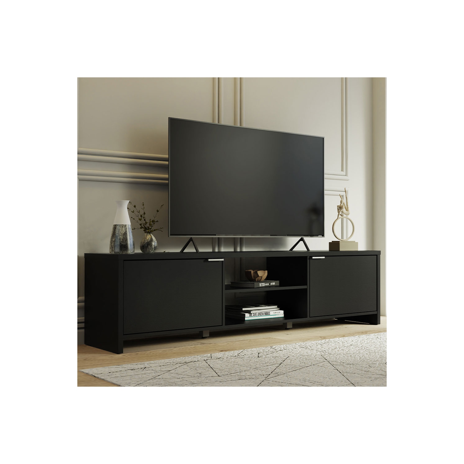 Madesa TV Stand Large Media Console with Cable Management for 65, 75 Inch Media Storage Gaming Living Room Entertainment Center Modern Wooden