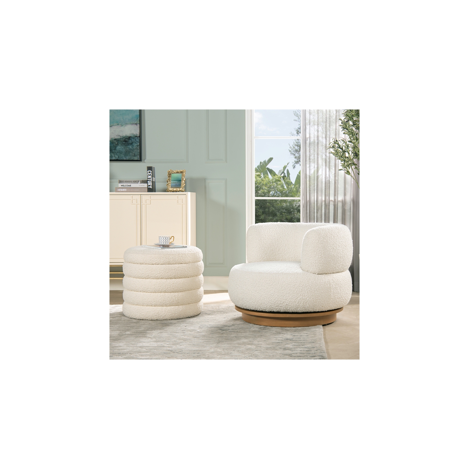 Fuji 22" Upholstered Boucle Round Storage Ottoman Ivory White