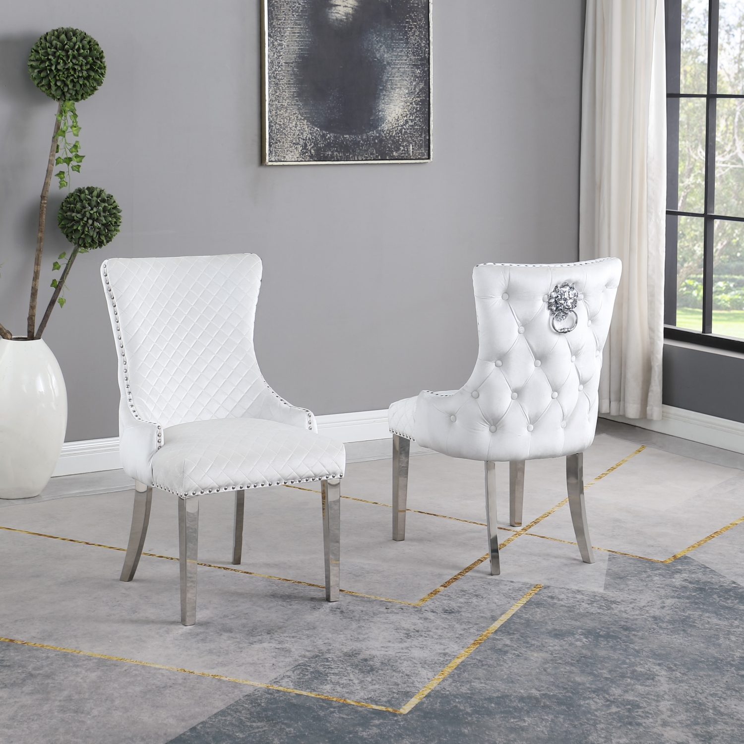 Royal Velvet Dining Chairs - White, Lion Back Knocker, Button Tufted Upholstered Silver Legs and Finish