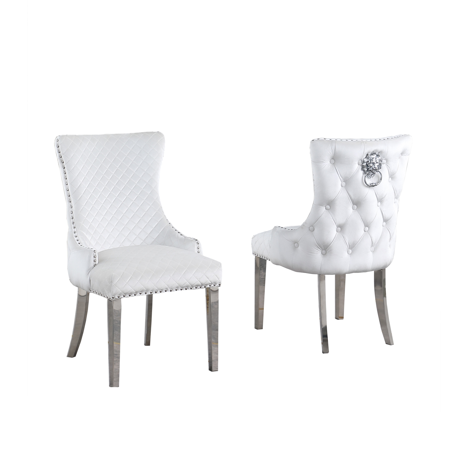 Royal Velvet Dining Chairs - White, Lion Back Knocker, Button Tufted Upholstered Silver Legs and Finish
