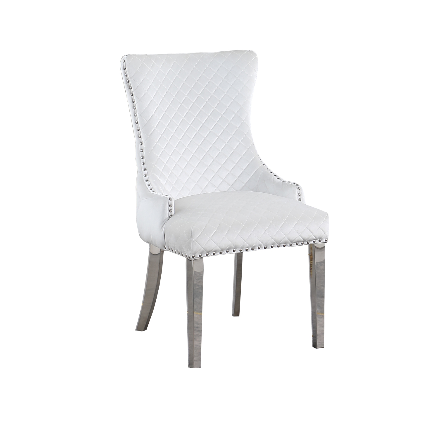 Royal Velvet Dining Chairs - White, Lion Back Knocker, Button Tufted Upholstered Silver Legs and Finish