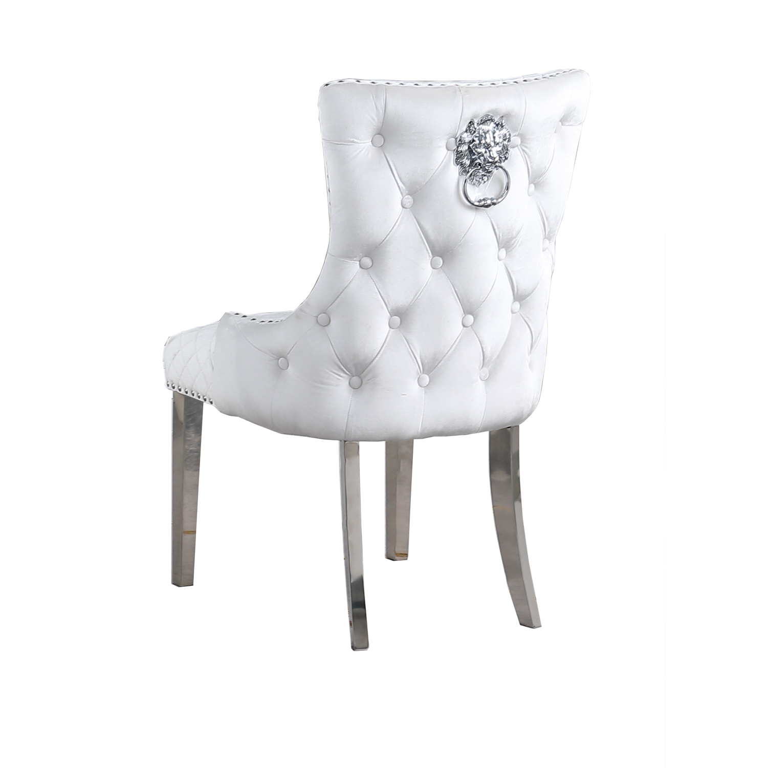 Royal Velvet Dining Chairs - White, Lion Back Knocker, Button Tufted Upholstered Silver Legs and Finish