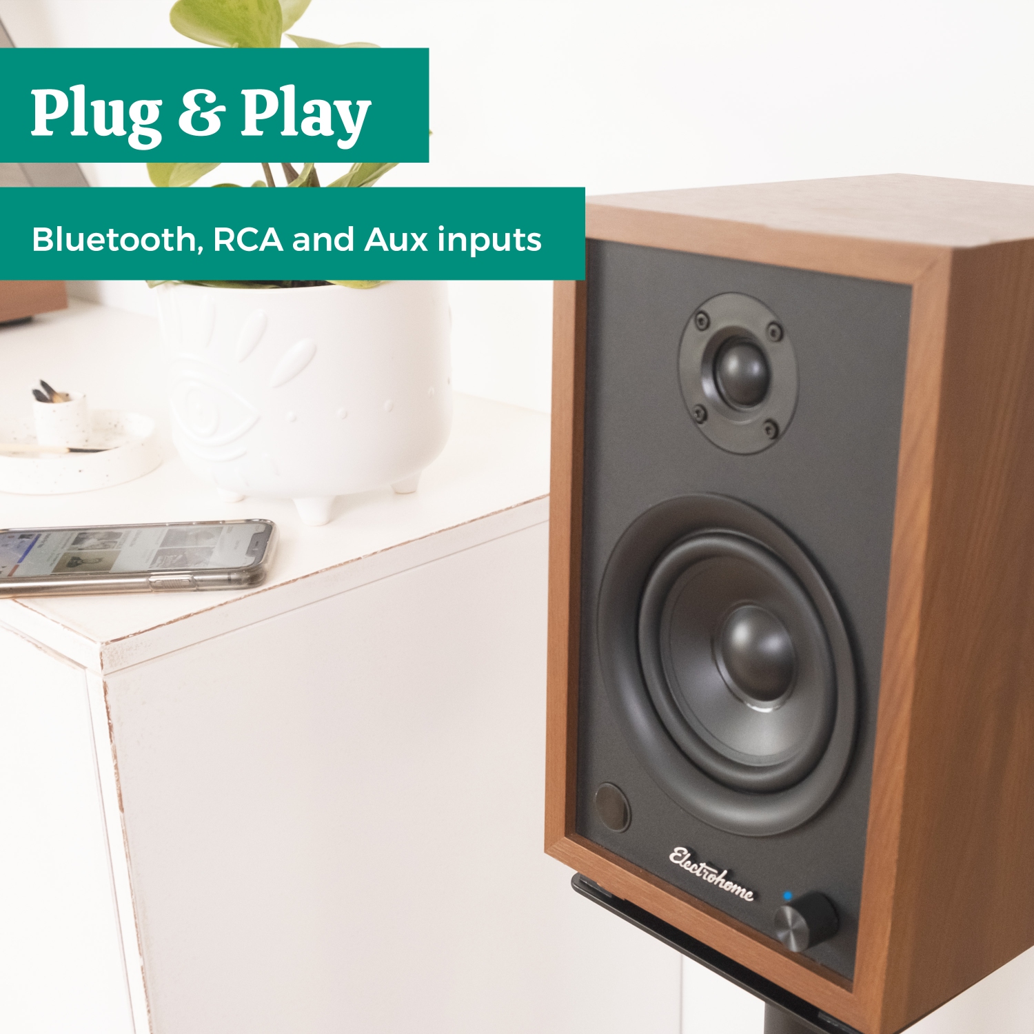 Haut-parleurs d’étagère stéréo amplifiés McKinley 2.0 d’Electrohome avec amplificateur intégré, transducteurs de 4 po, Bluetooth 5, RCA/aux