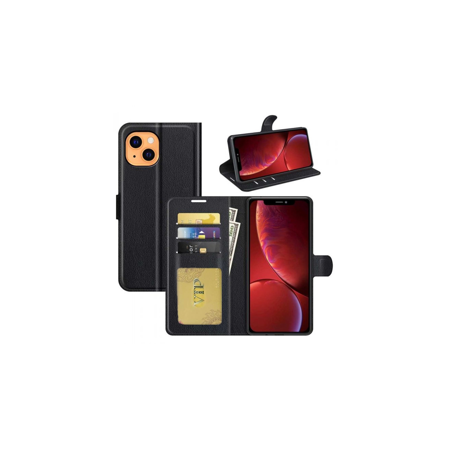 [CS] Étui portefeuille folio en cuir magnétique à rabat avec fente pour carte iPhone 15/14, noir