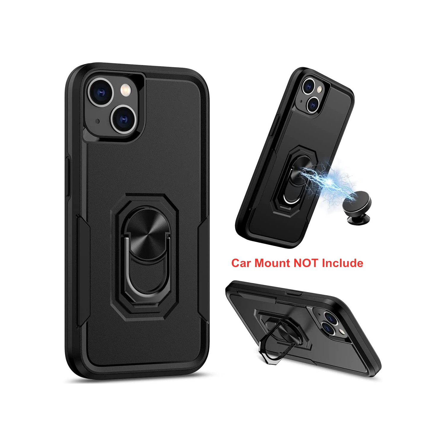 [CSmart] Étui robuste avec béquille magnétique rigide et support à anneau pour iPhone 15/14, noir