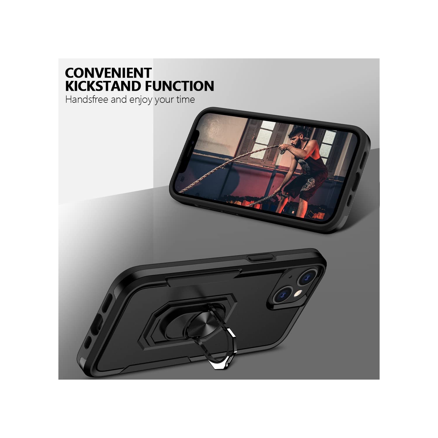 【CSmart】 Heavy Duty Magnetic Hard Kickstand Case with Ring Holder for iPhone 15 / 14, Black