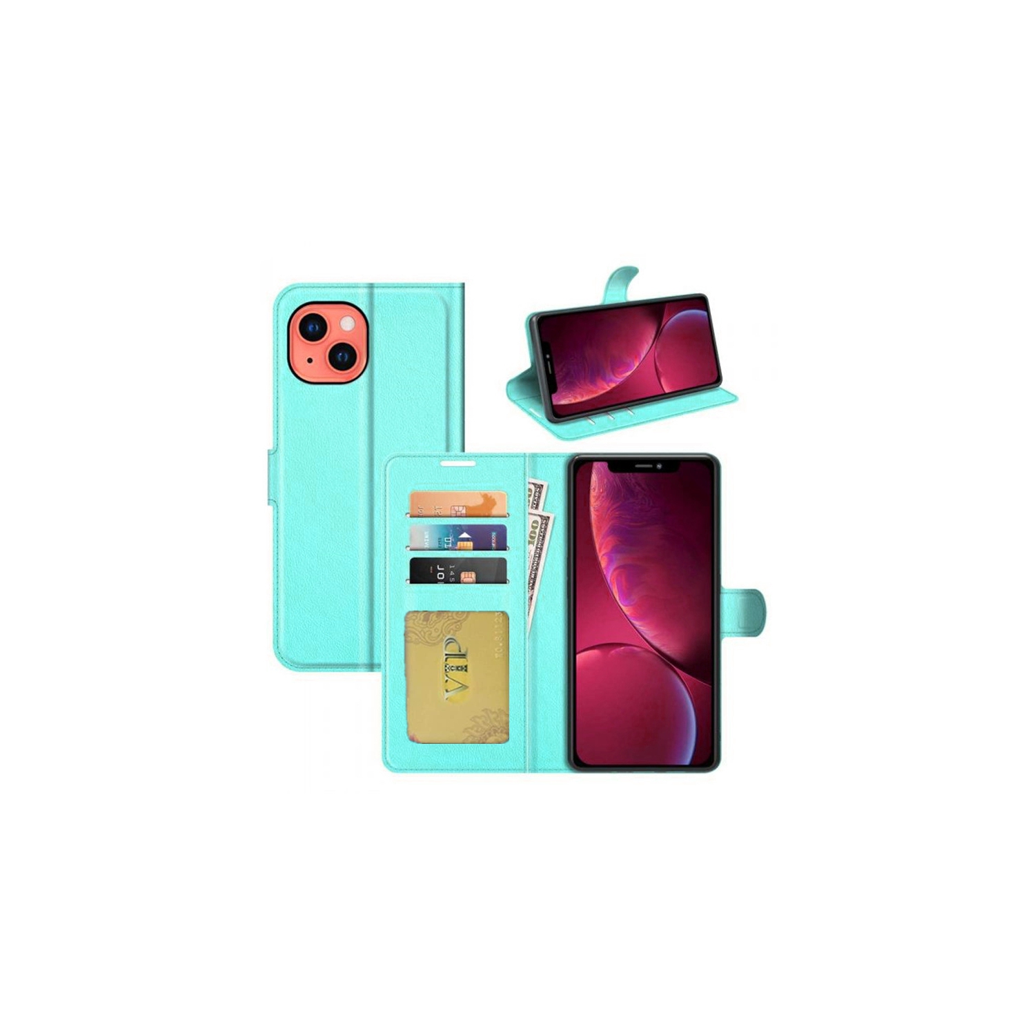 [CS] iPhone 15 / 14 Case, Magnetic Leather Folio Wallet Flip Case Cover with Card Slot, Teal