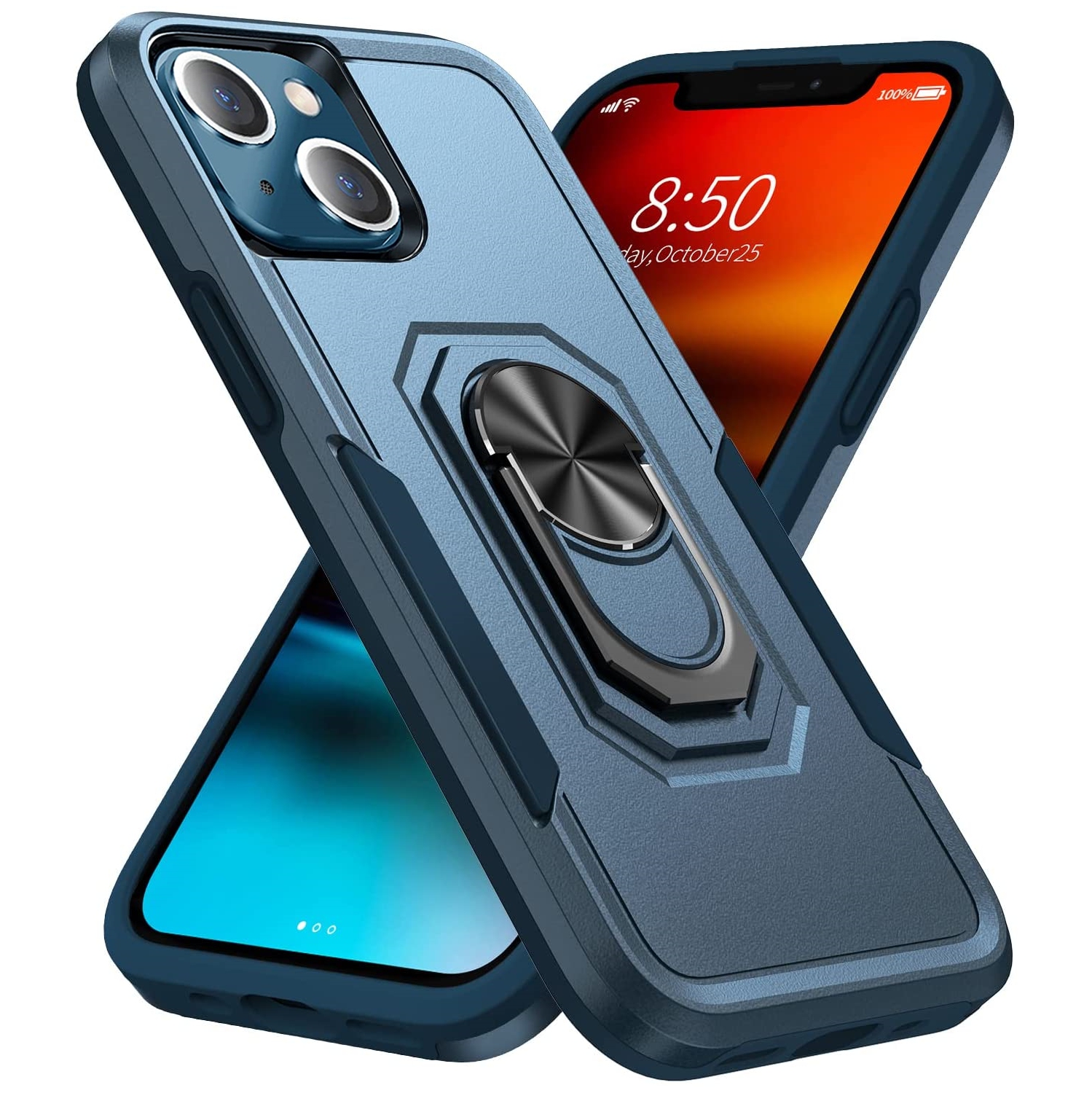 [CSmart] Étui robuste magnétique rigide avec support à anneau pour iPhone 15/14, bleu marine