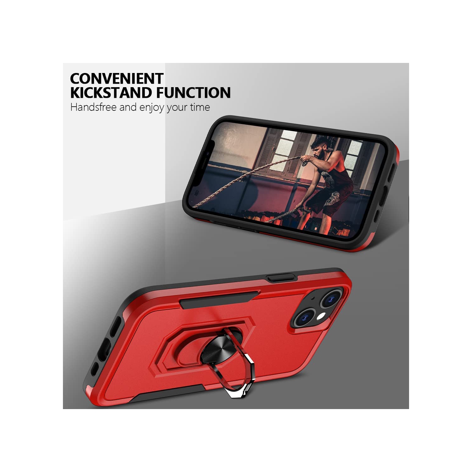 [CSmart] Étui robuste avec béquille magnétique rigide et support à anneau pour iPhone 15/14, rouge