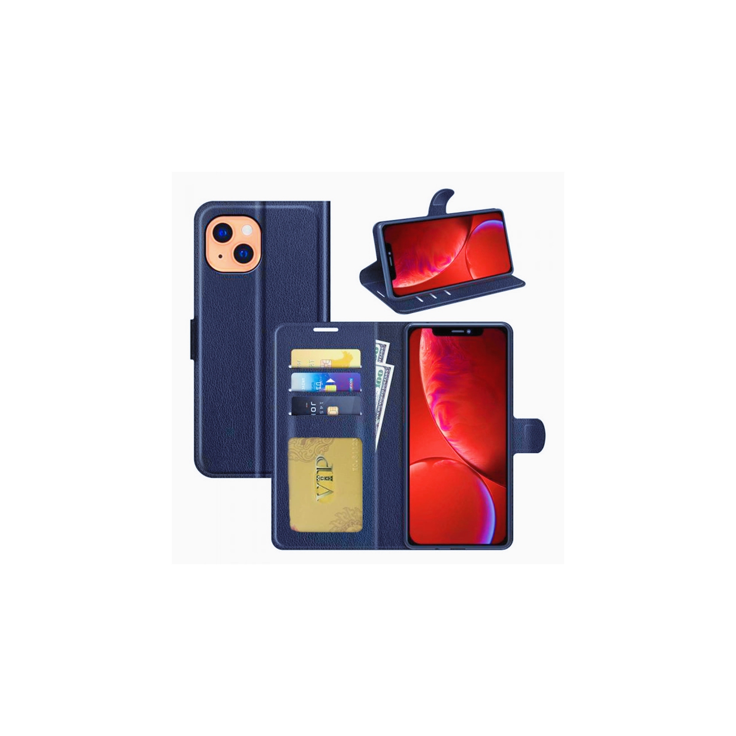 [CS] Étui folio en cuir pour iPhone 15/14, étui folio à rabat magnétique avec fente pour carte, bleu marine