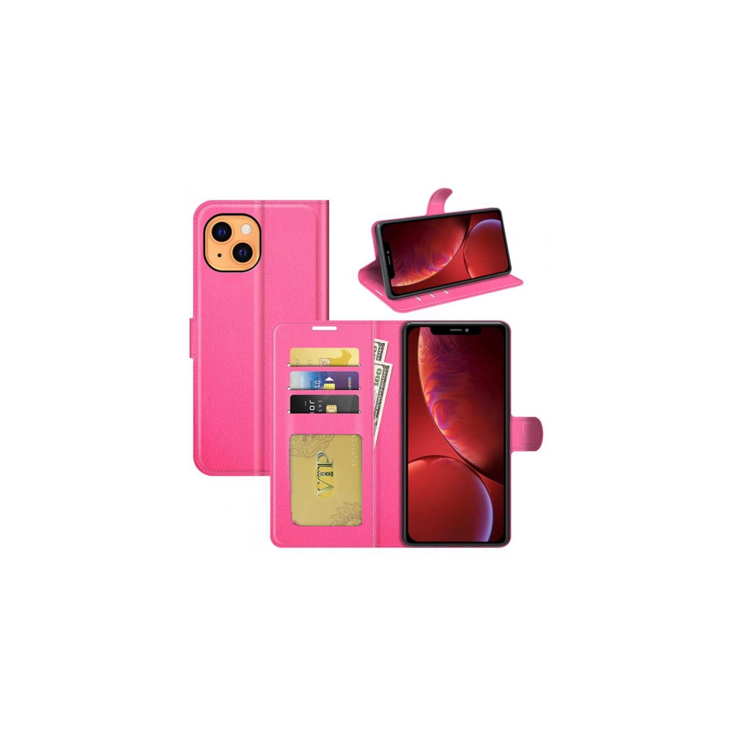 [CS] Étui folio en cuir pour iPhone 15/14, étui folio à rabat magnétique avec fente pour carte, rose vif