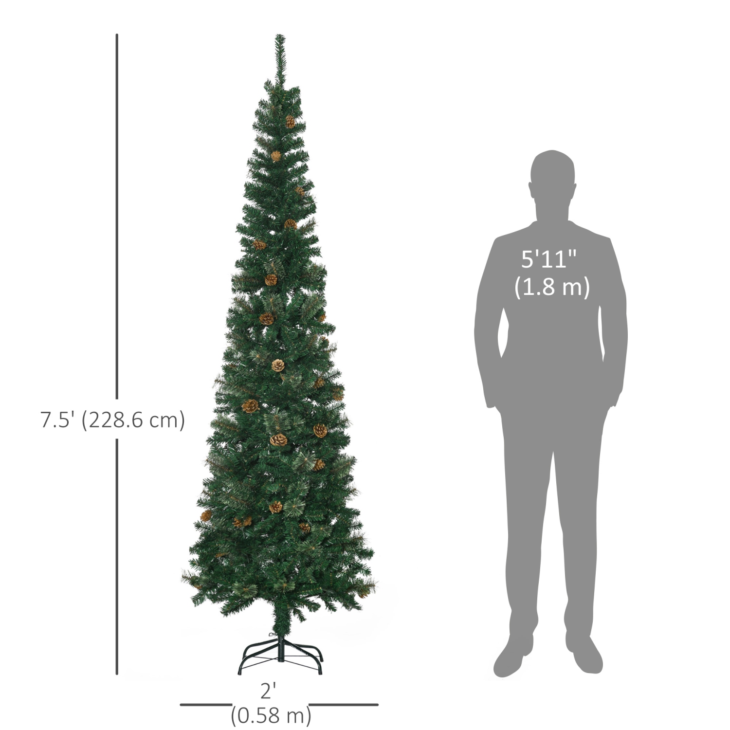 HOMCOM 7.5ft Pencil Artificial Christmas Tree, Xmas Tree with Thin Pine Needles and Realistic Branches, Pine Cones, Metal Base, Green