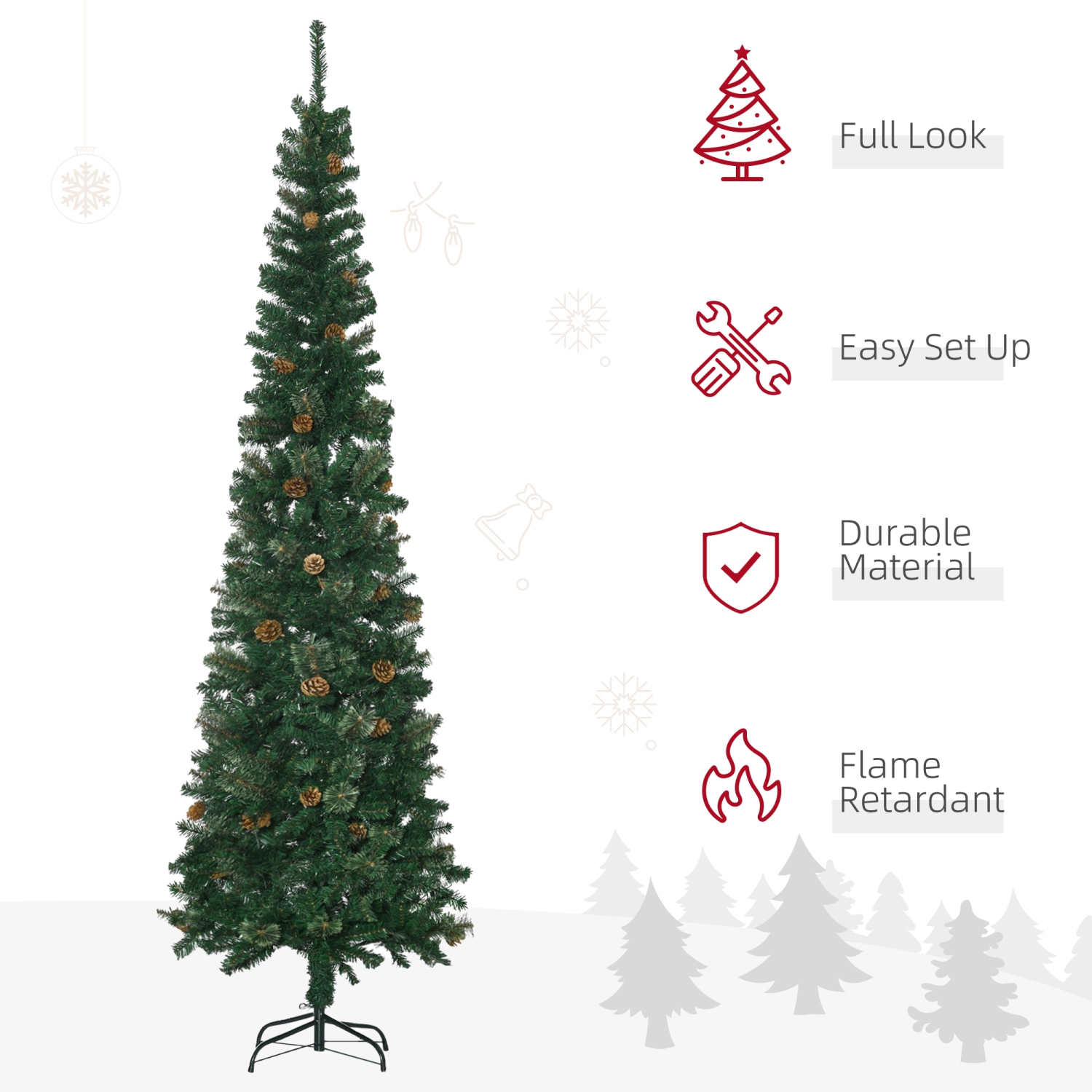 HOMCOM 7.5ft Pencil Artificial Christmas Tree, Xmas Tree with Thin Pine Needles and Realistic Branches, Pine Cones, Metal Base, Green