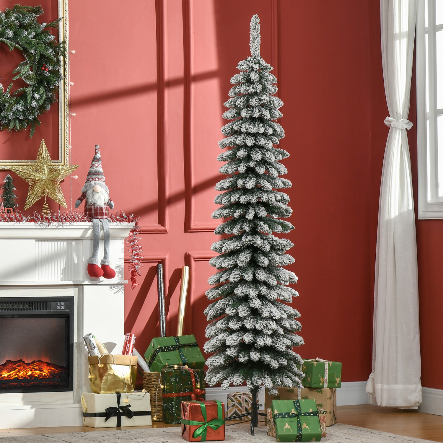 HOMCOM – Arbre de Noël artificiel enneigé de 6 pi, arbre de Noël Slim Pencil avec branches réalistes, base en métal, vert