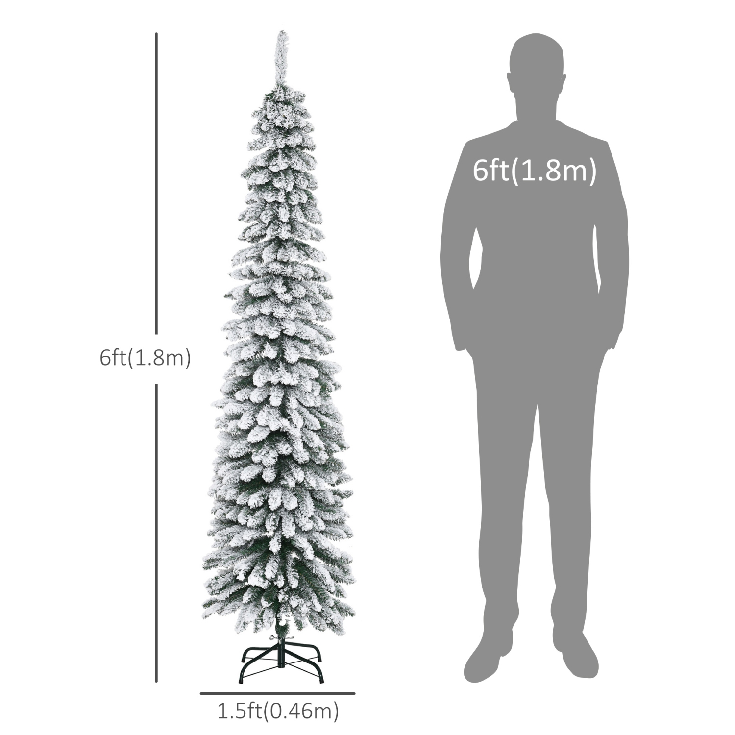 HOMCOM – Arbre de Noël artificiel enneigé de 6 pi, arbre de Noël Slim Pencil avec branches réalistes, base en métal, vert