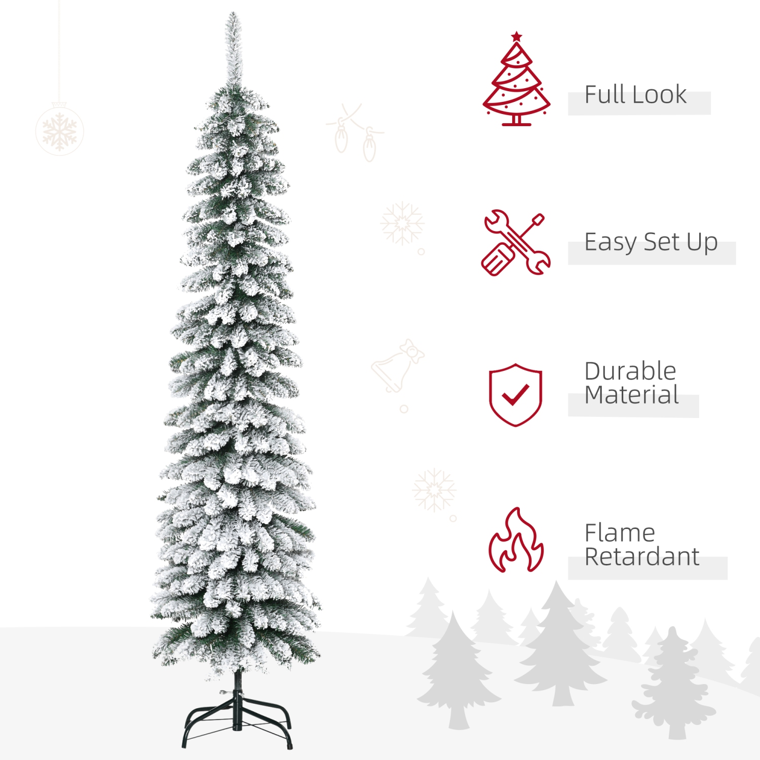 HOMCOM – Arbre de Noël artificiel enneigé de 6 pi, arbre de Noël Slim Pencil avec branches réalistes, base en métal, vert