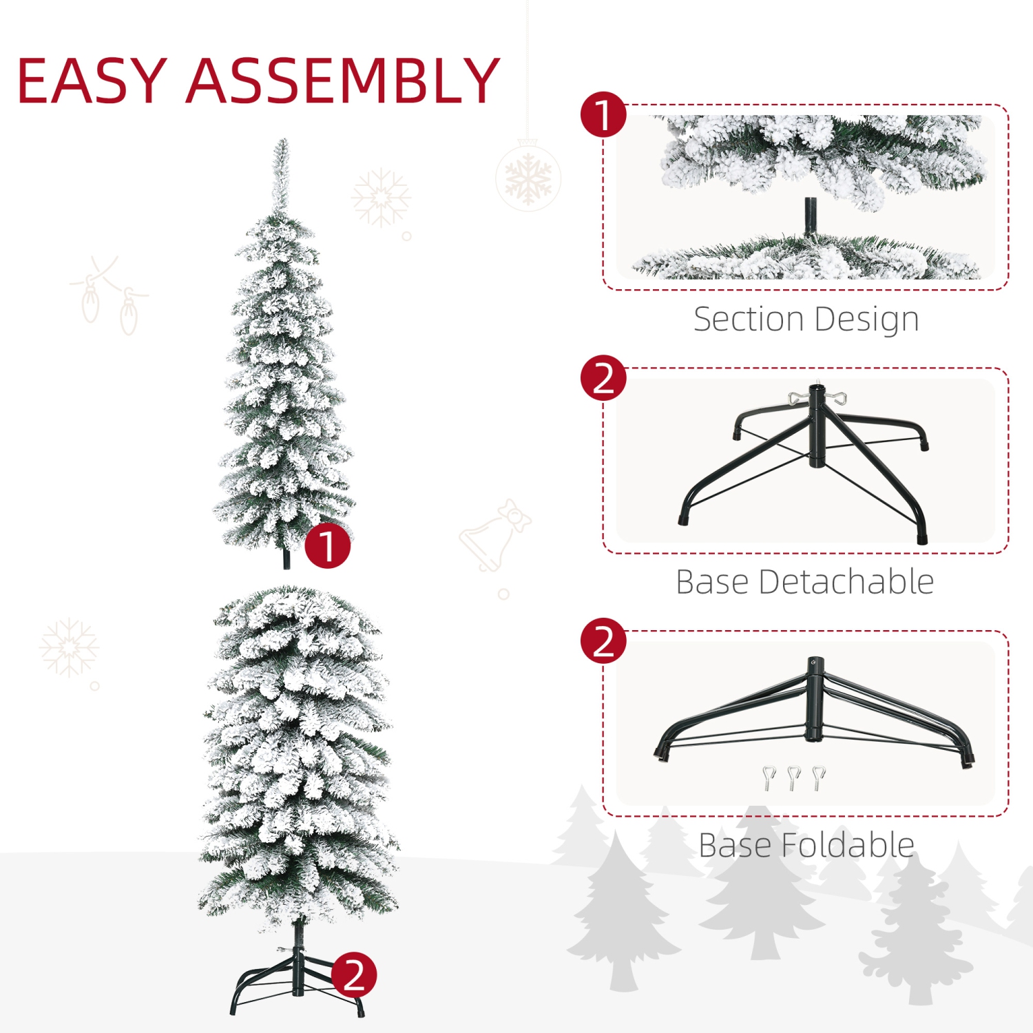 HOMCOM – Arbre de Noël artificiel enneigé de 6 pi, arbre de Noël Slim Pencil avec branches réalistes, base en métal, vert