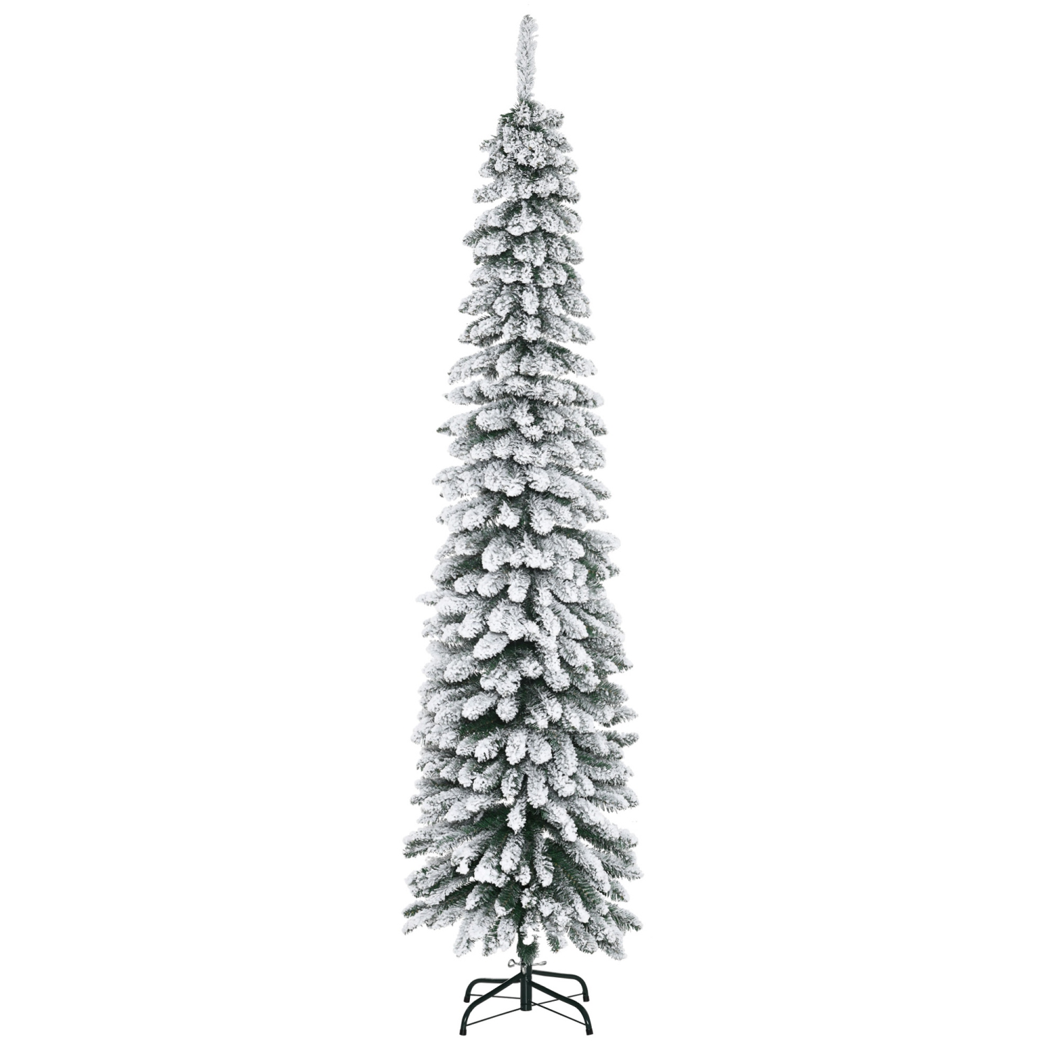 HOMCOM 7 FT Snow-Flocked Artificial Christmas Tree, Slim Pencil Xmas Tree with Realistic Branches, Metal Base, Green