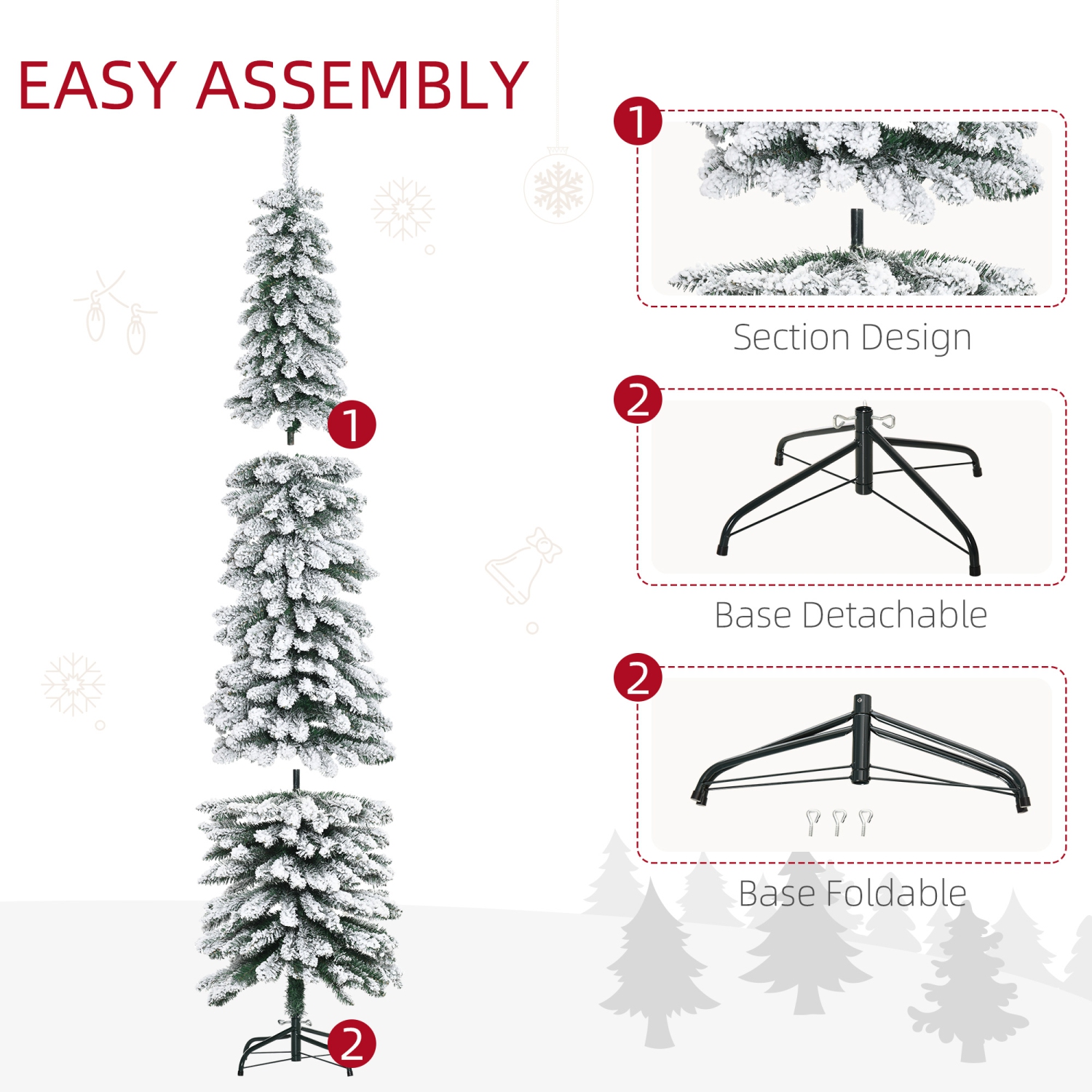 HOMCOM 7 FT Snow-Flocked Artificial Christmas Tree, Slim Pencil Xmas Tree with Realistic Branches, Metal Base, Green