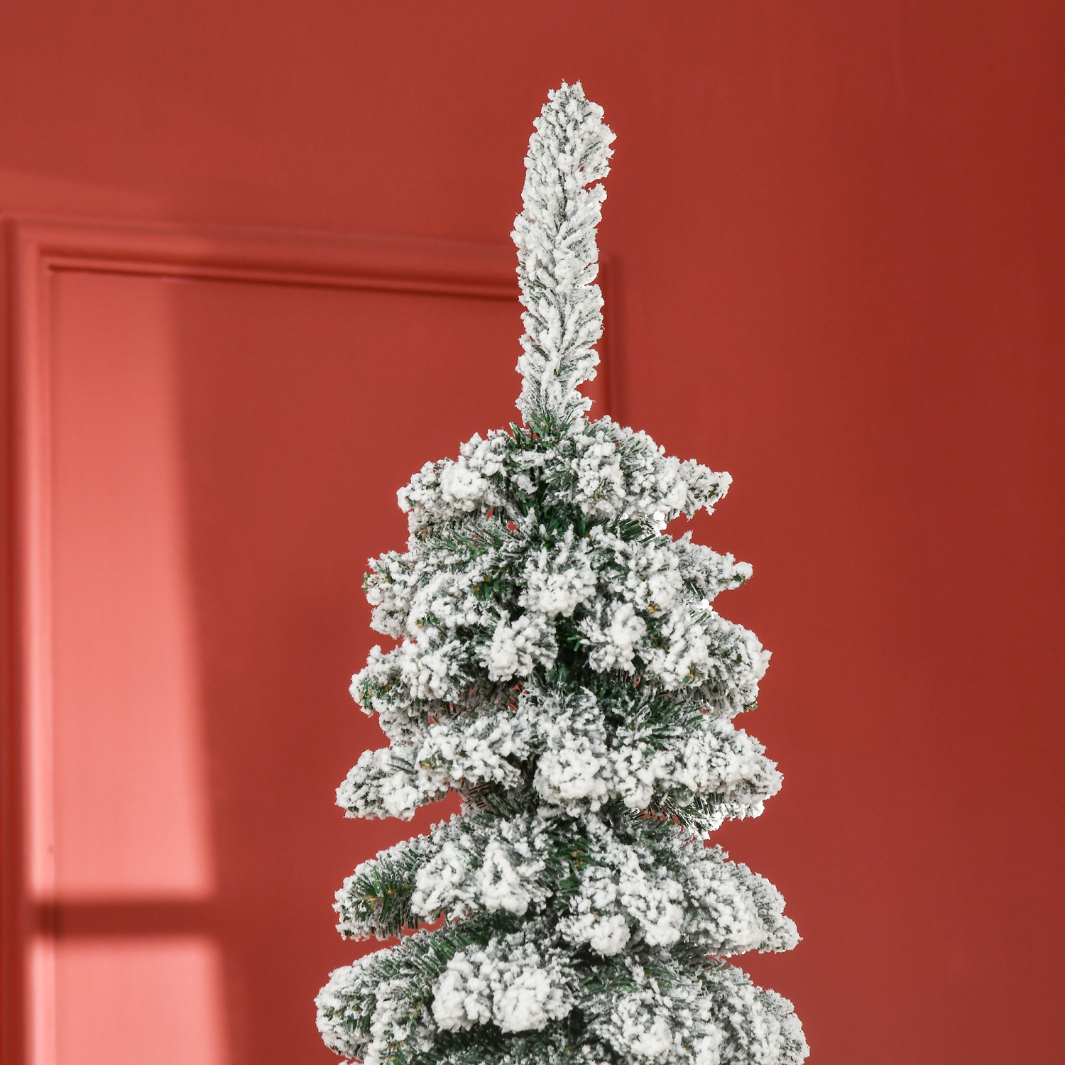 HOMCOM 7 FT Snow-Flocked Artificial Christmas Tree, Slim Pencil Xmas Tree with Realistic Branches, Metal Base, Green