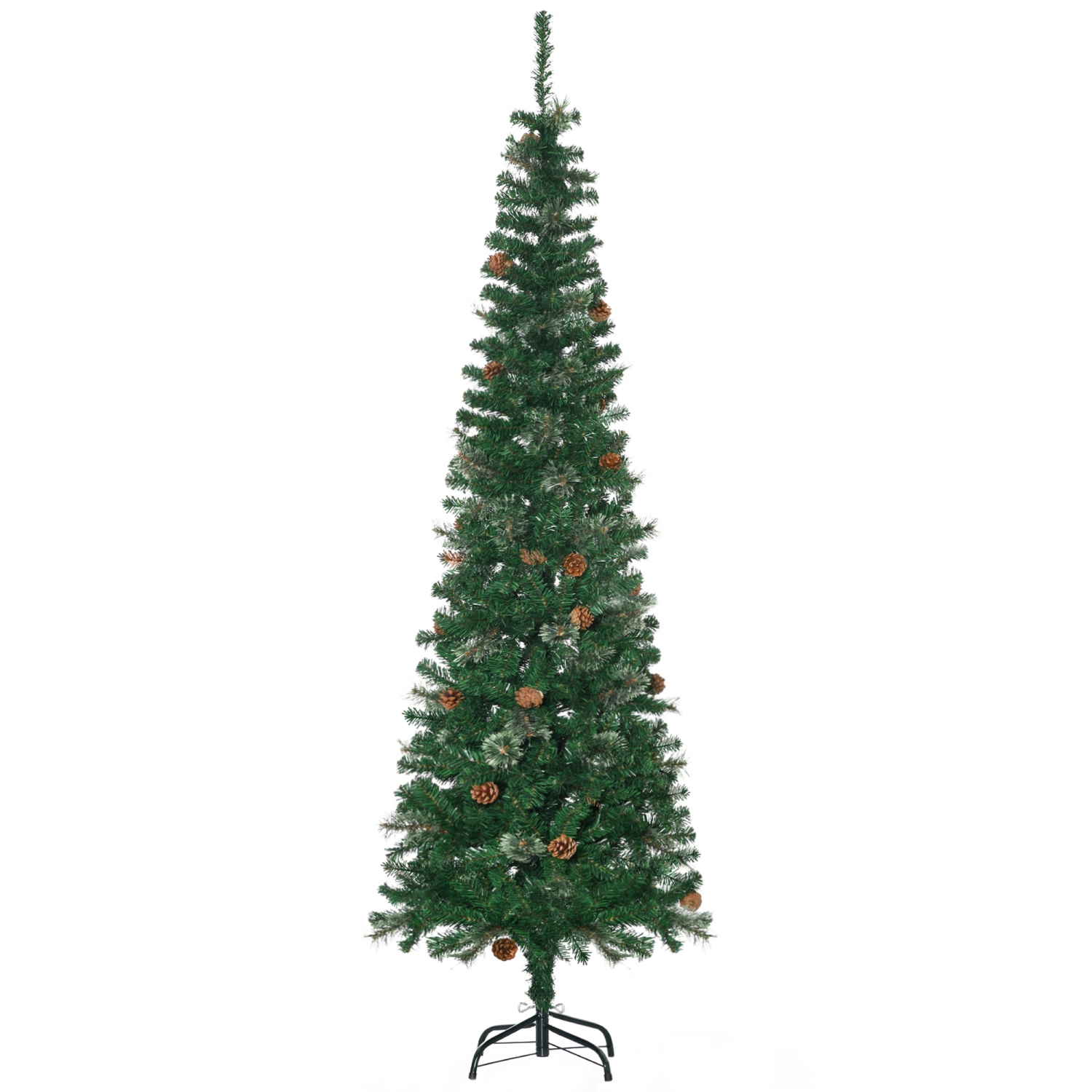 HOMCOM 6.5ft Pencil Artificial Christmas Tree, Xmas Tree with Thin Pine Needles and Realistic Branches, Pine Cones, Metal Base, Green