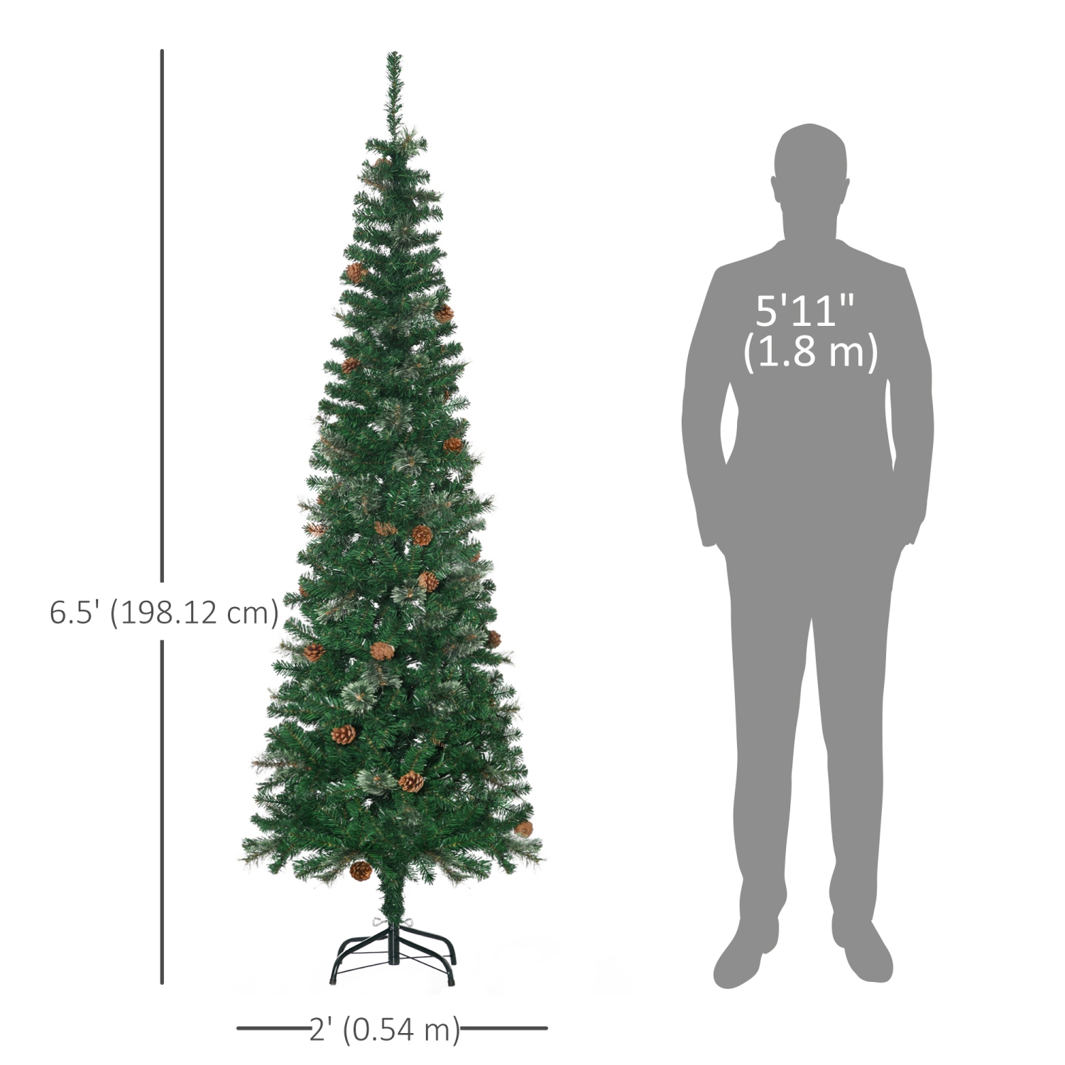 HOMCOM 6.5ft Pencil Artificial Christmas Tree, Xmas Tree with Thin Pine Needles and Realistic Branches, Pine Cones, Metal Base, Green
