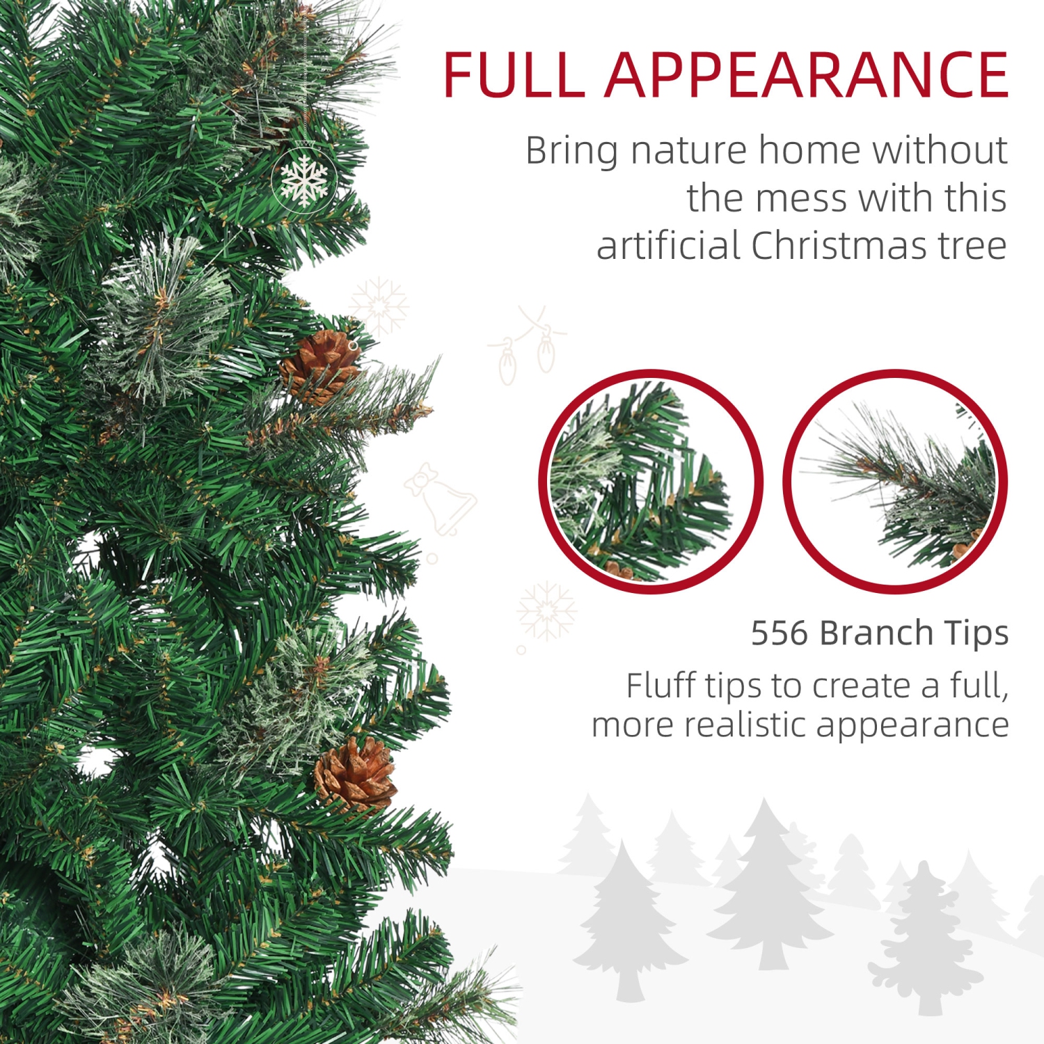 HOMCOM 6.5ft Pencil Artificial Christmas Tree, Xmas Tree with Thin Pine Needles and Realistic Branches, Pine Cones, Metal Base, Green