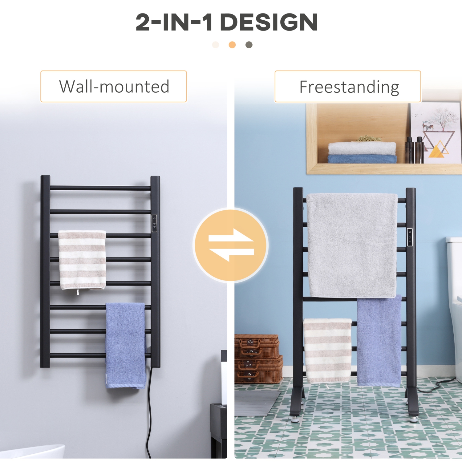 HOMCOM Chauffe-serviettes électrique, sèche-serviettes chauffant à 8 bars avec minuterie intégrée et indicateurs LED, séchoir mural et autoportant en