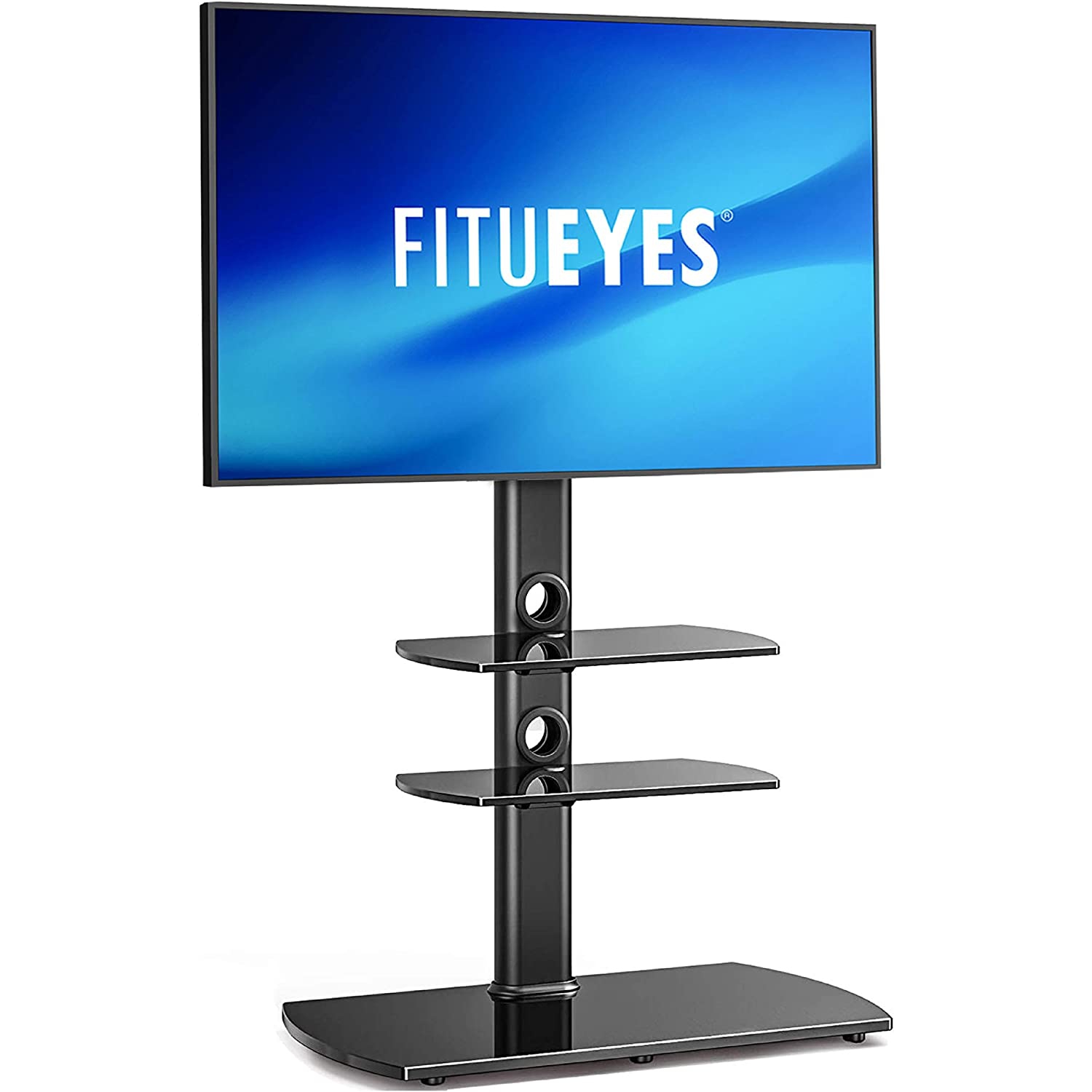 FITUEYES Floor TV Stand for 32 to 65 inch Flat Curved TV Screen with Tempered Glass Shelves and Height Adjustable , Swivel ±35° Max VESA 600x400 mm