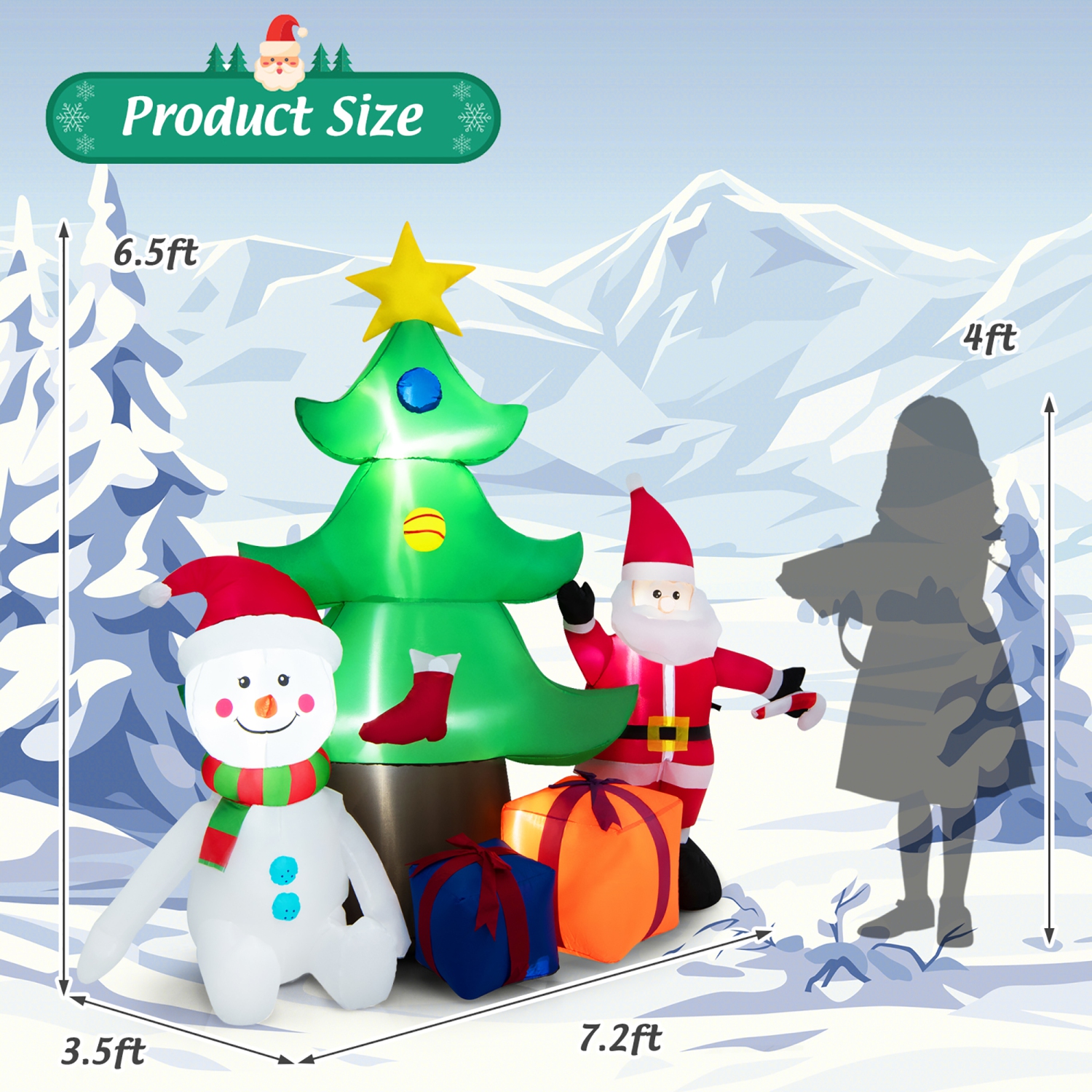 Gymax 7.2FT Inflatable Christmas Tree Snowman Santa Gift Bag Combination w/ LED Lights