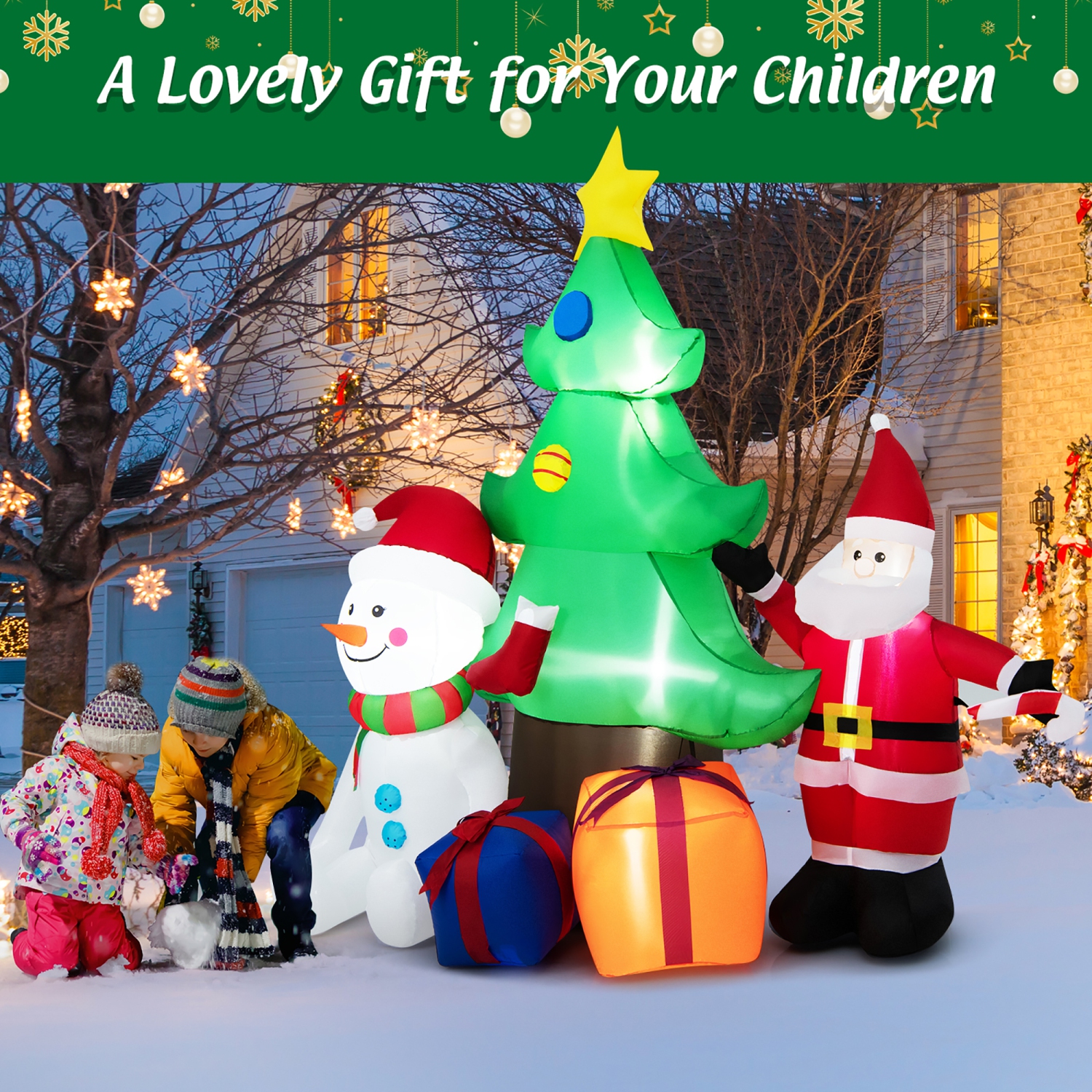 Gymax 7.2FT Inflatable Christmas Tree Snowman Santa Gift Bag Combination w/ LED Lights