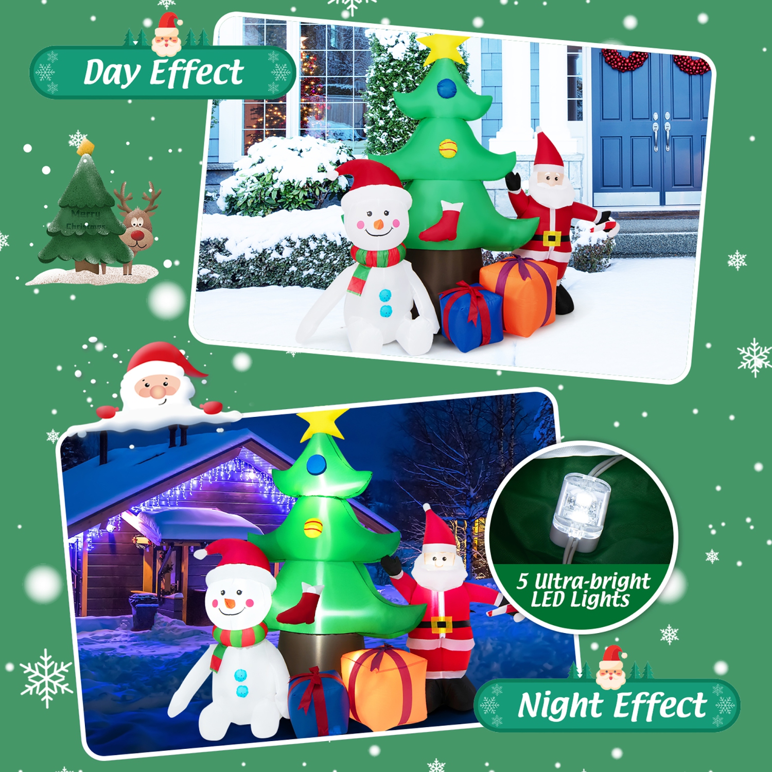 Gymax 7.2FT Inflatable Christmas Tree Snowman Santa Gift Bag Combination w/ LED Lights