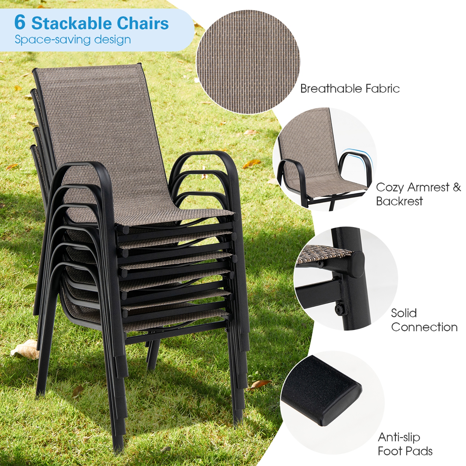 Gymax 7PCS Patio Dining Furniture Set w/ 6 Stackable Armchairs & Umbrella Hole