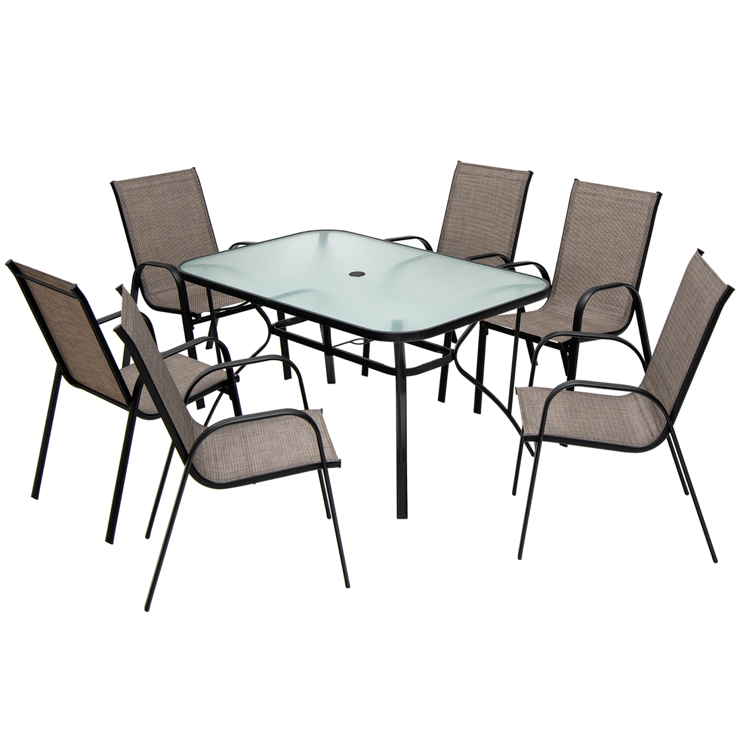 Gymax 7PCS Patio Dining Furniture Set w/ 6 Stackable Armchairs & Umbrella Hole