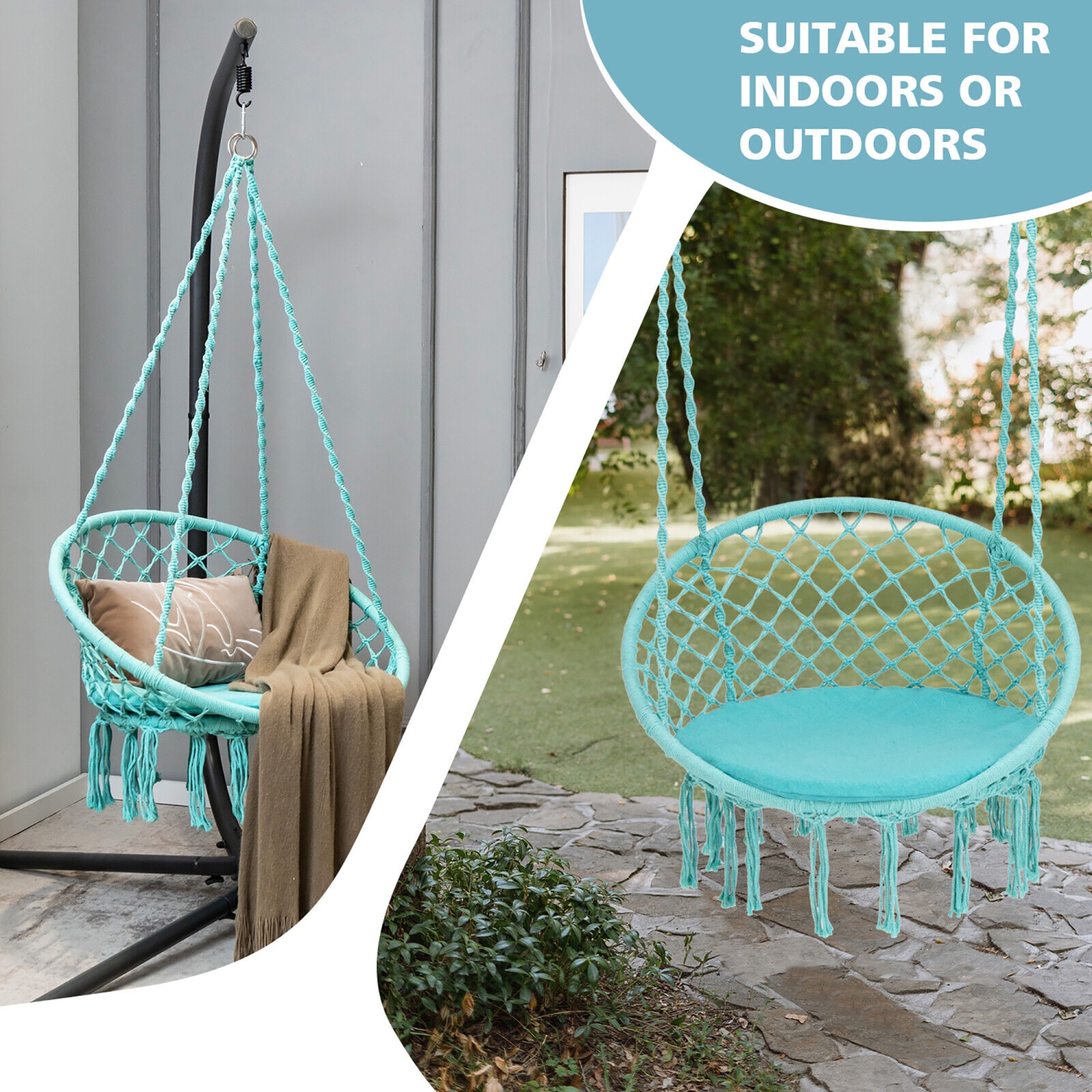 Gymax Hammock Swing Chair with Cushion Hanging Hardware Kit Indoor Outdoor