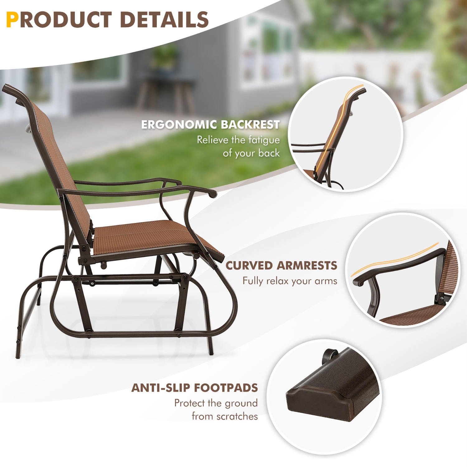 Gymax 2-Person Outdoor Glider Chair Patio Rocking Lounge Chair w/ Breathable Fabric