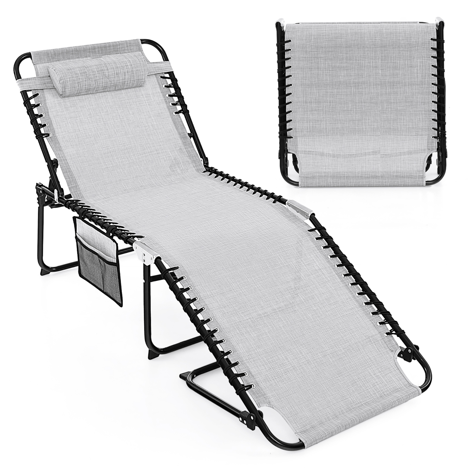 Gymax Folding Reclining Lounge Chaise 4-Position Backrest Portable Beach Chair Grey